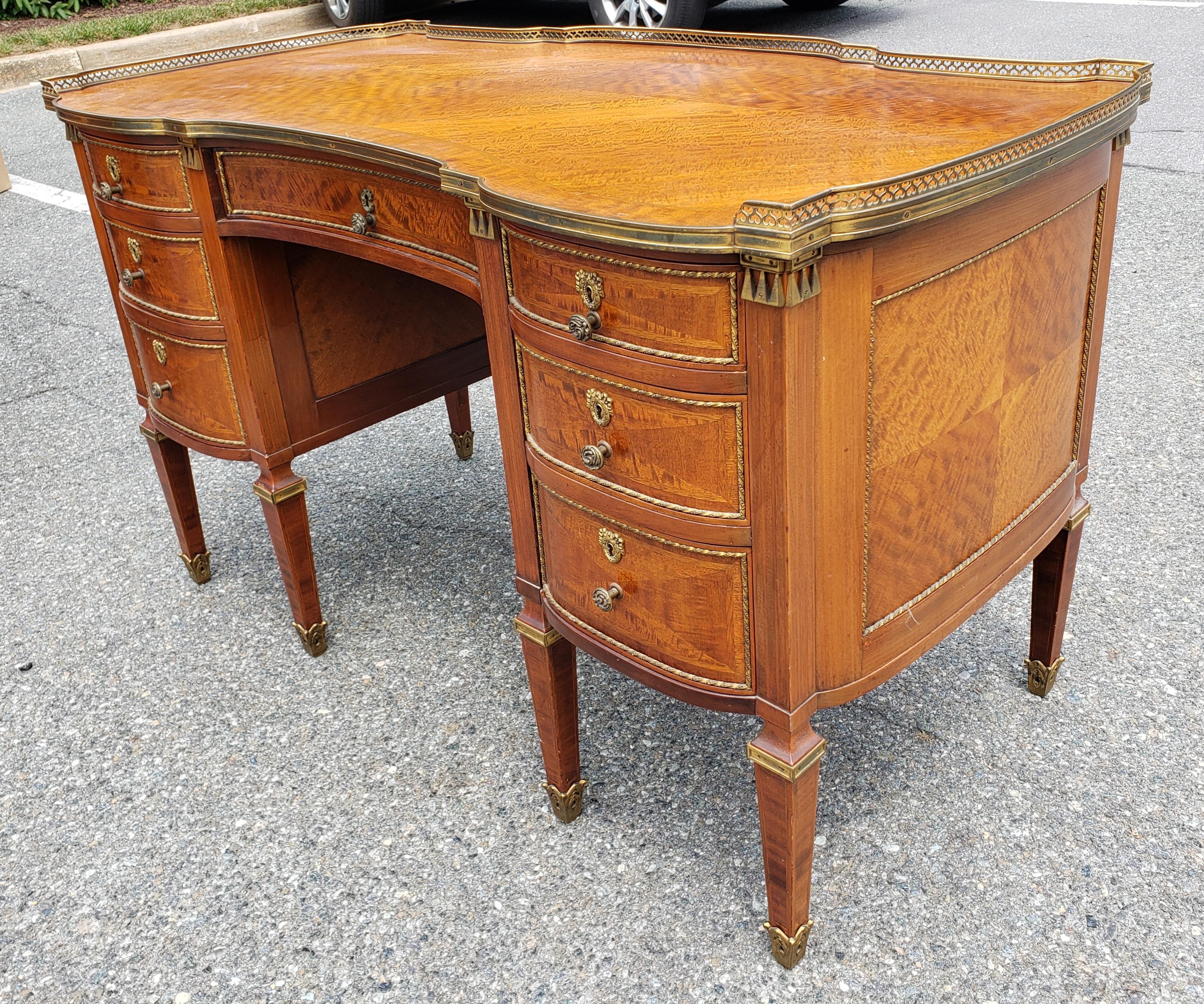 Brass Louis XVI Style Ormolu Mounted Galleried Mahogany Burl and Marquetry Desk  For Sale