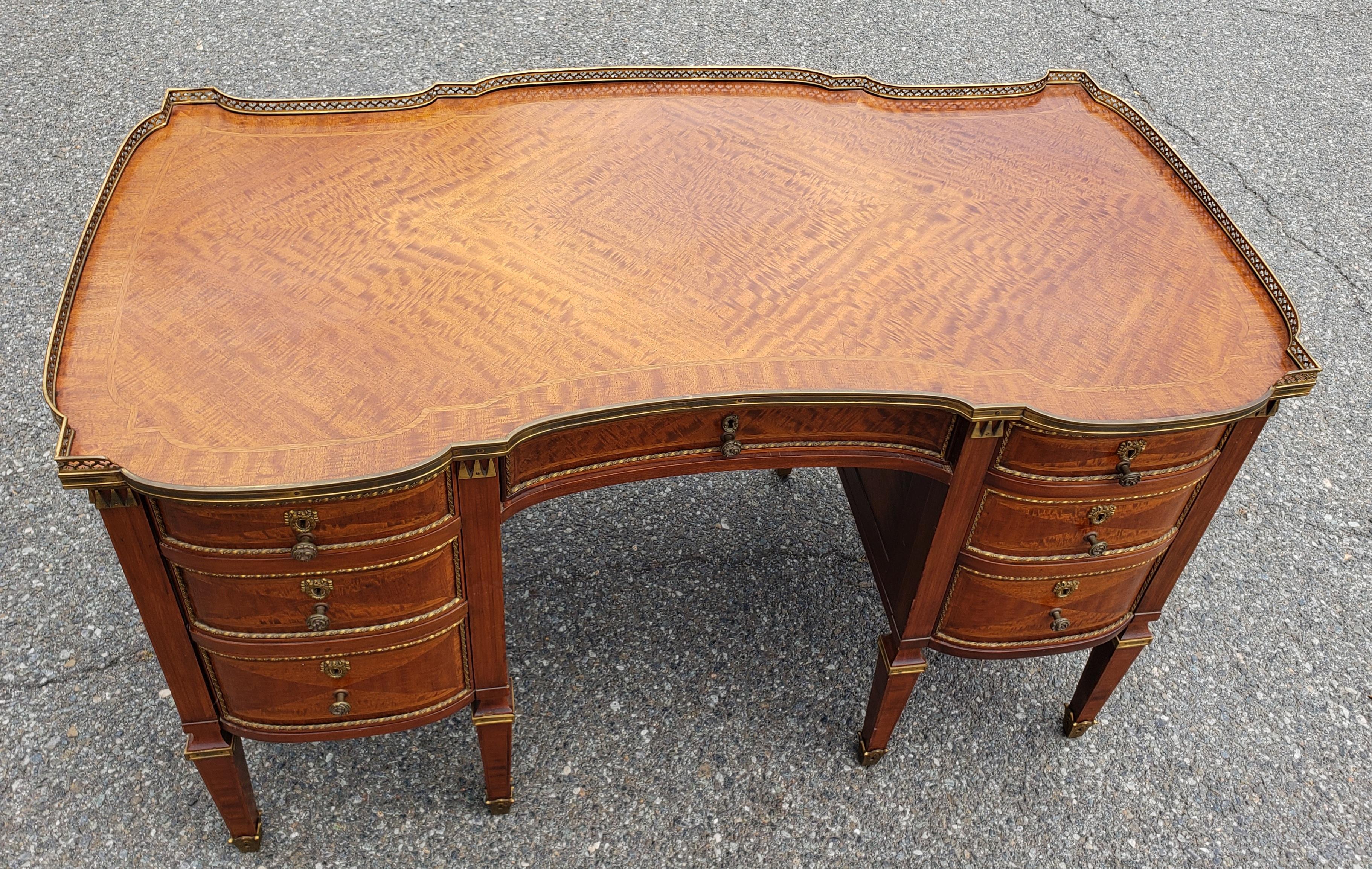 Louis XVI Style Ormolu Mounted Galleried Mahogany Burl and Marquetry Desk  For Sale 1