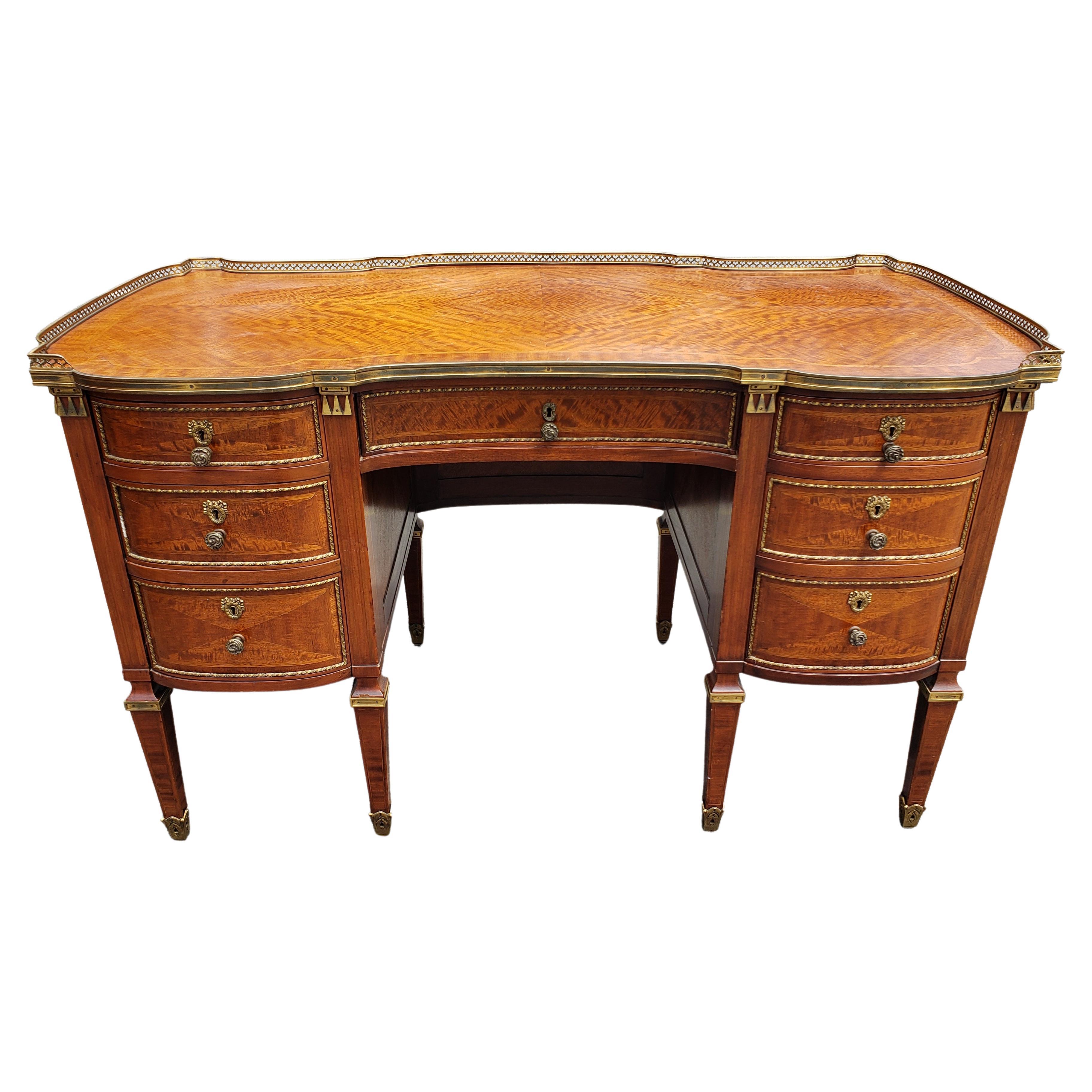Louis XVI Style Ormolu Mounted Galleried Mahogany Burl and Marquetry Desk  For Sale