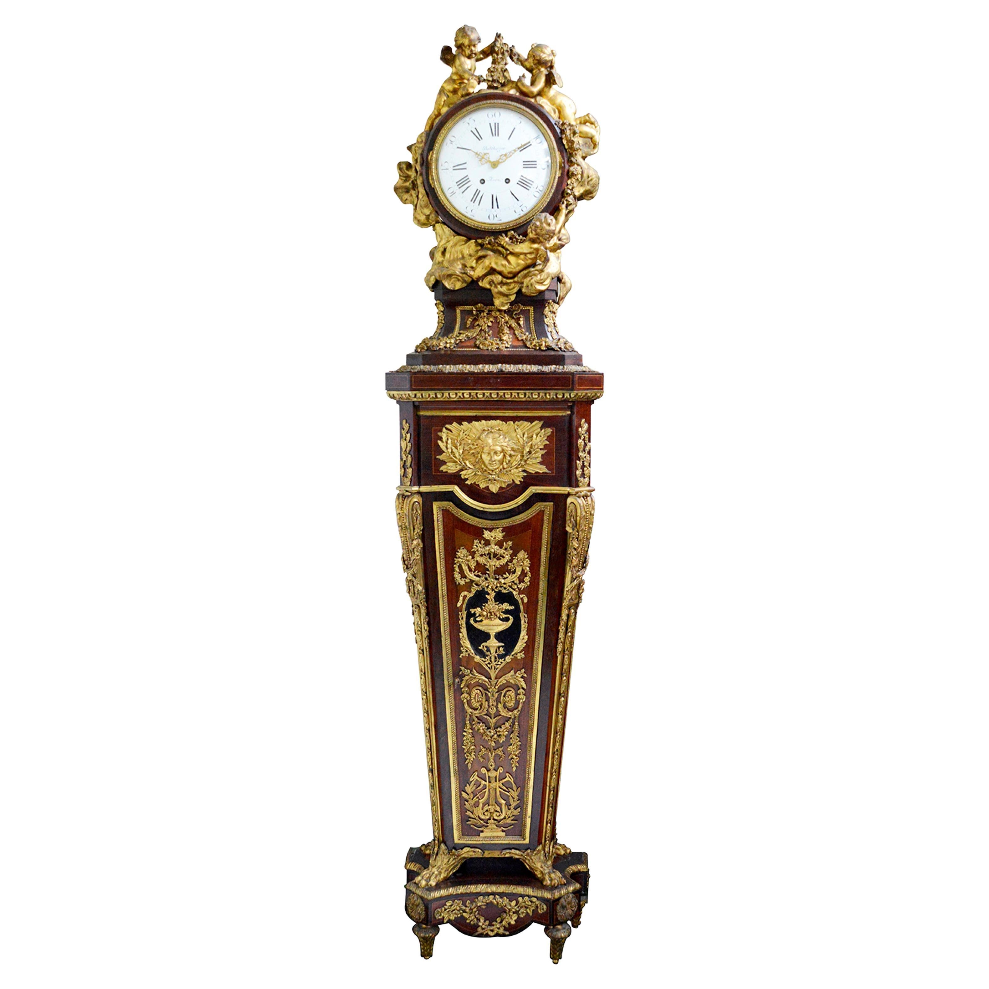 Louis XVI Style Ormolu Mounted Long Case Clock, 1860, by Balthazar, Paris For Sale