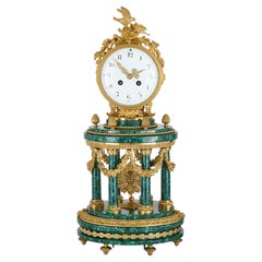 Louis XVI Style Ormolu Mounted Malachite Column Mantel Clock