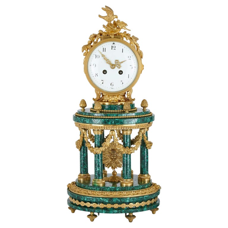 Louis XVI Style Ormolu Mounted Malachite Column Mantel Clock For Sale
