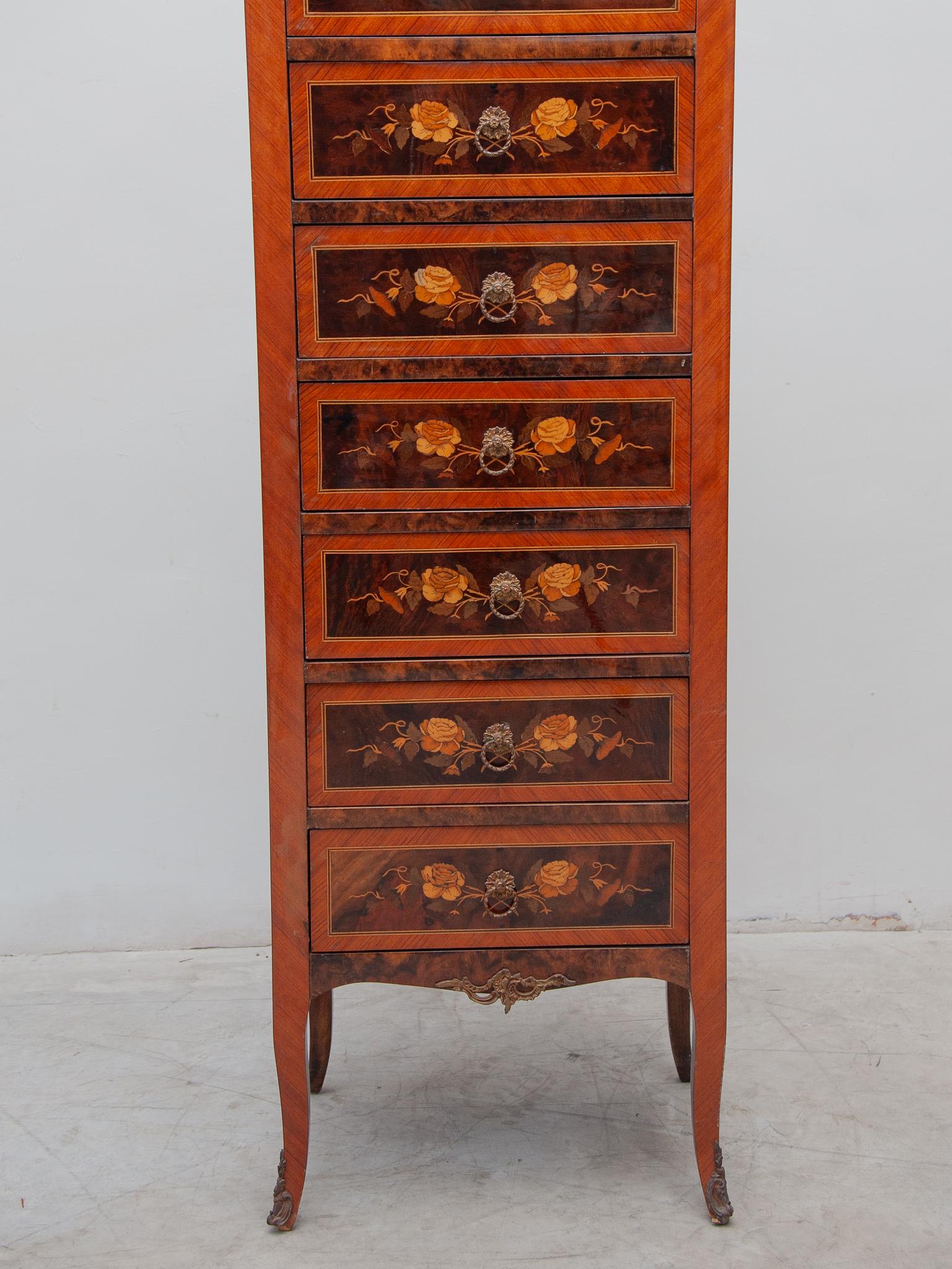 French Louis XVI Style Ormolu-Mounted Marquetry Seven Drawers Cabinet, France For Sale