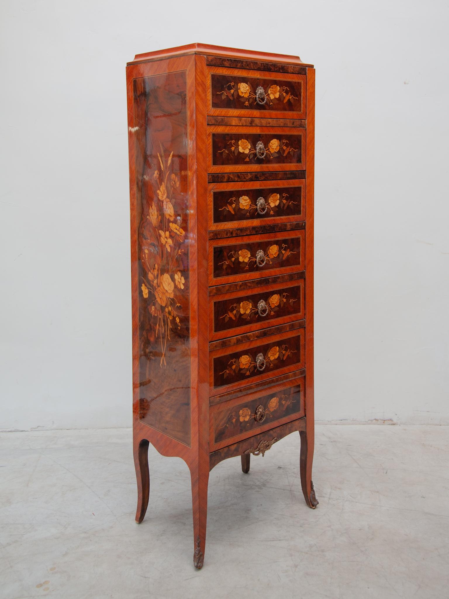 Hand-Crafted Louis XVI Style Ormolu-Mounted Marquetry Seven Drawers Cabinet, France For Sale