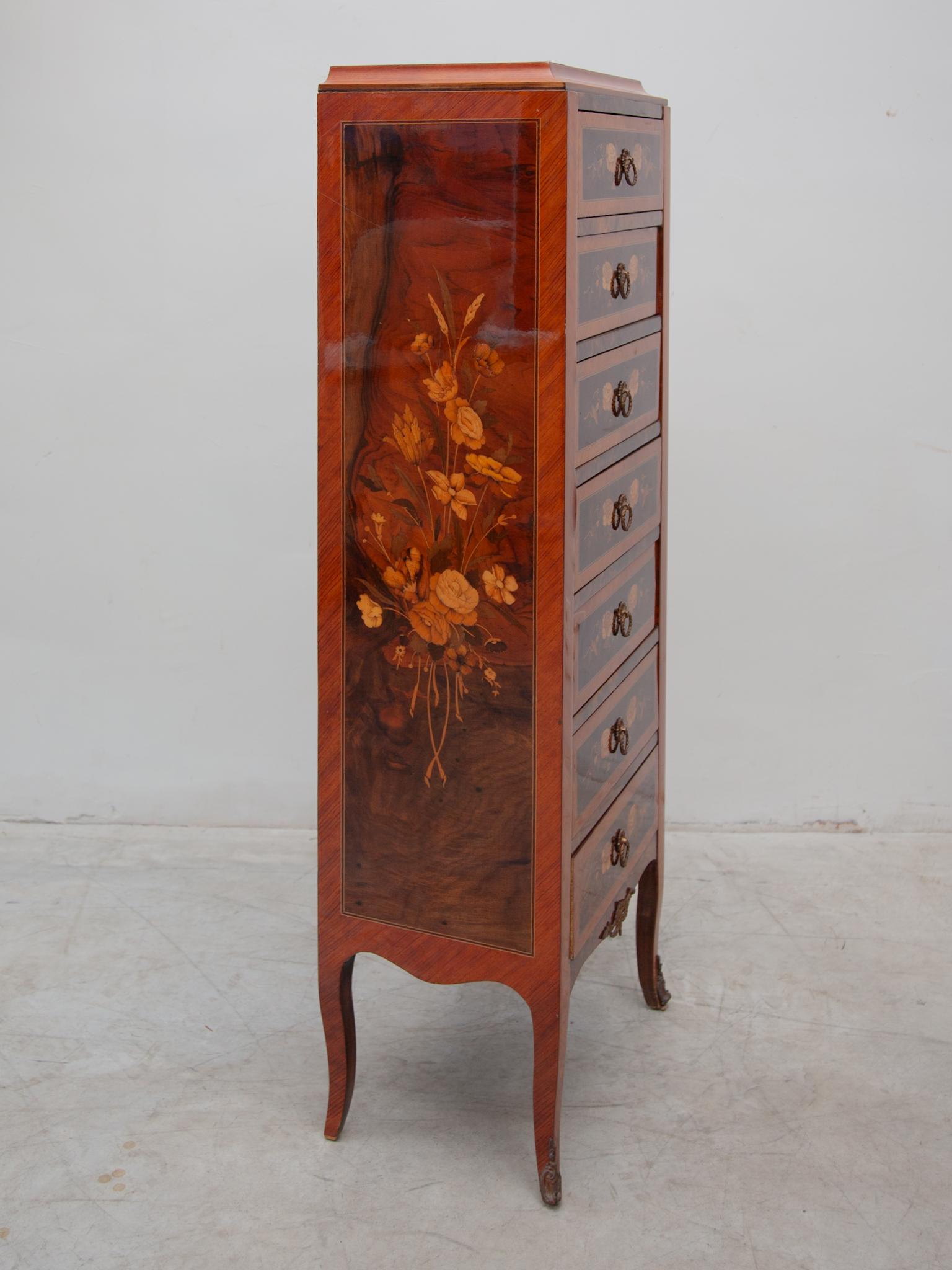 Mid-20th Century Louis XVI Style Ormolu-Mounted Marquetry Seven Drawers Cabinet, France For Sale