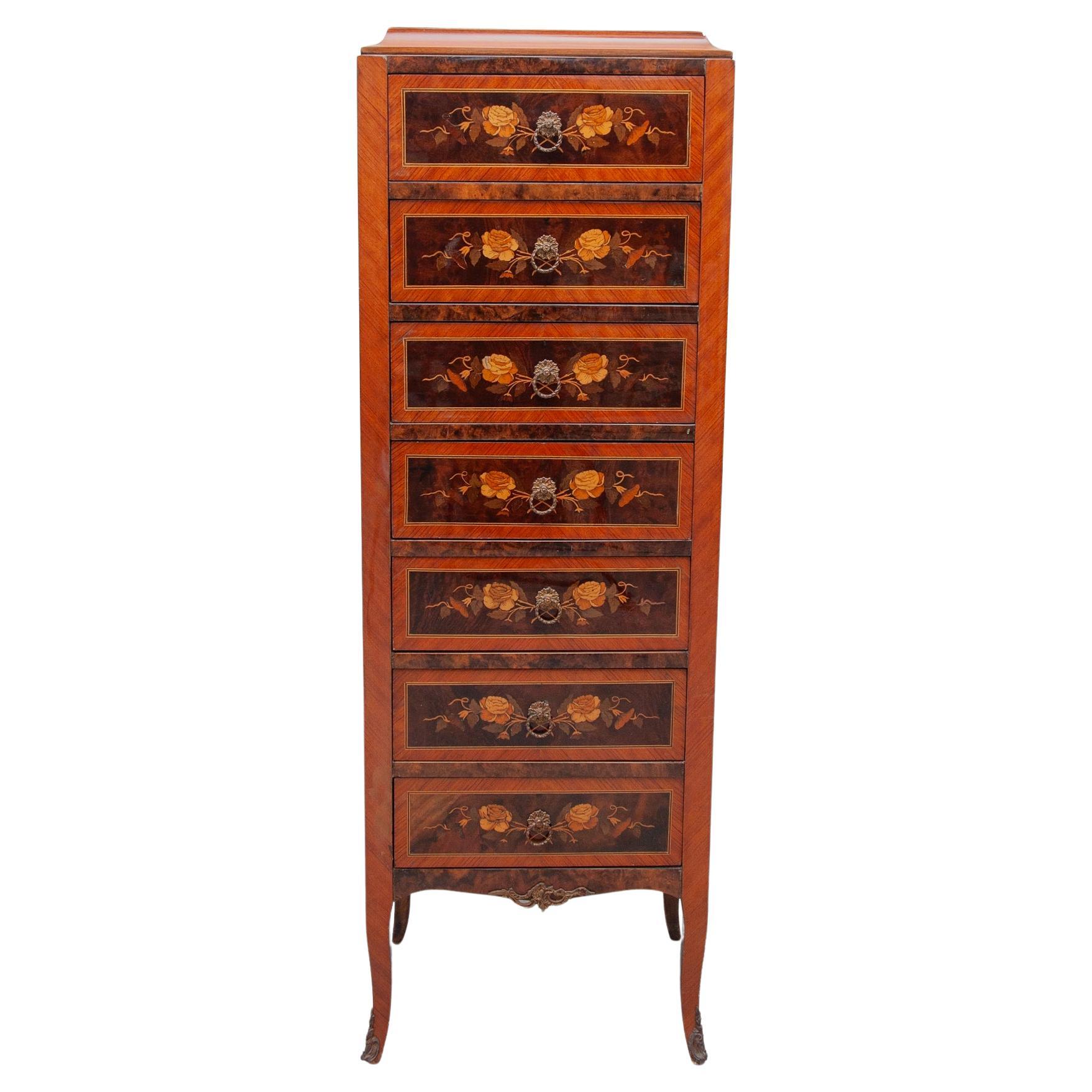 Louis XVI Style Ormolu-Mounted Marquetry Seven Drawers Cabinet, France For Sale