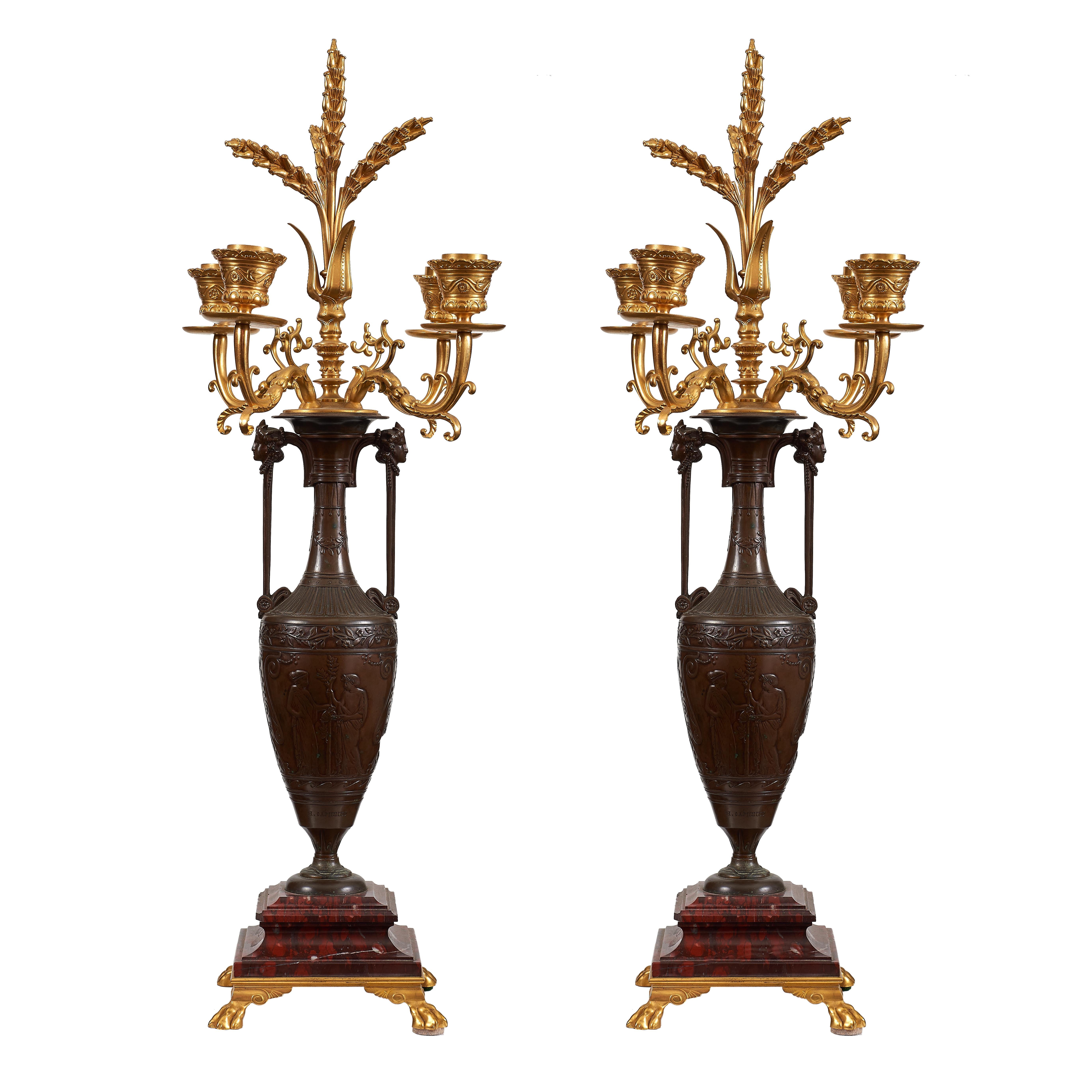 Louis XVI Style Ormolu and Rouge Griotte Marble Four-Light C In Good Condition For Sale In West Palm Beach, FL