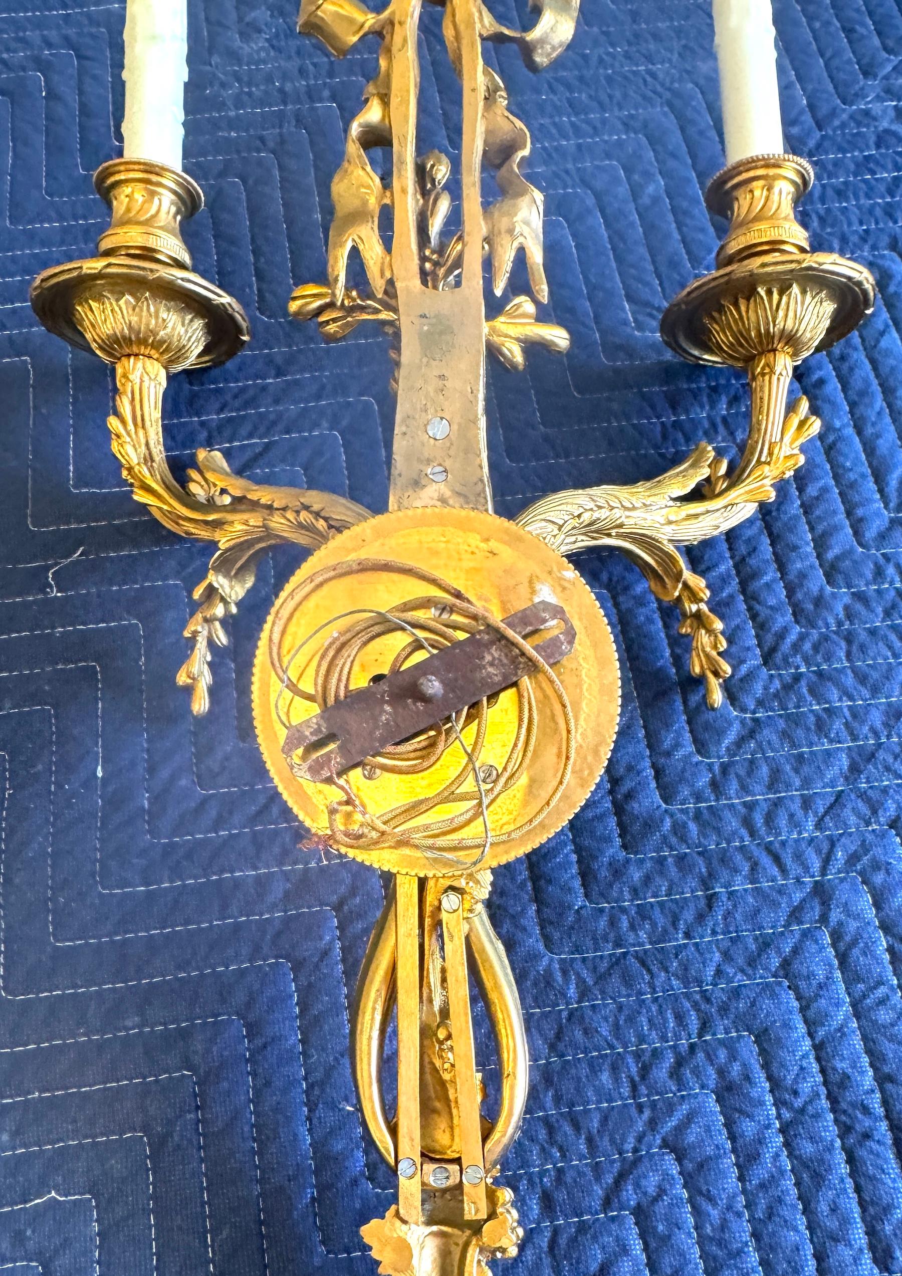 Louis XVI Style Ormolu Two‑Light Sconces, Attributed to P.E. Guerin For Sale 10