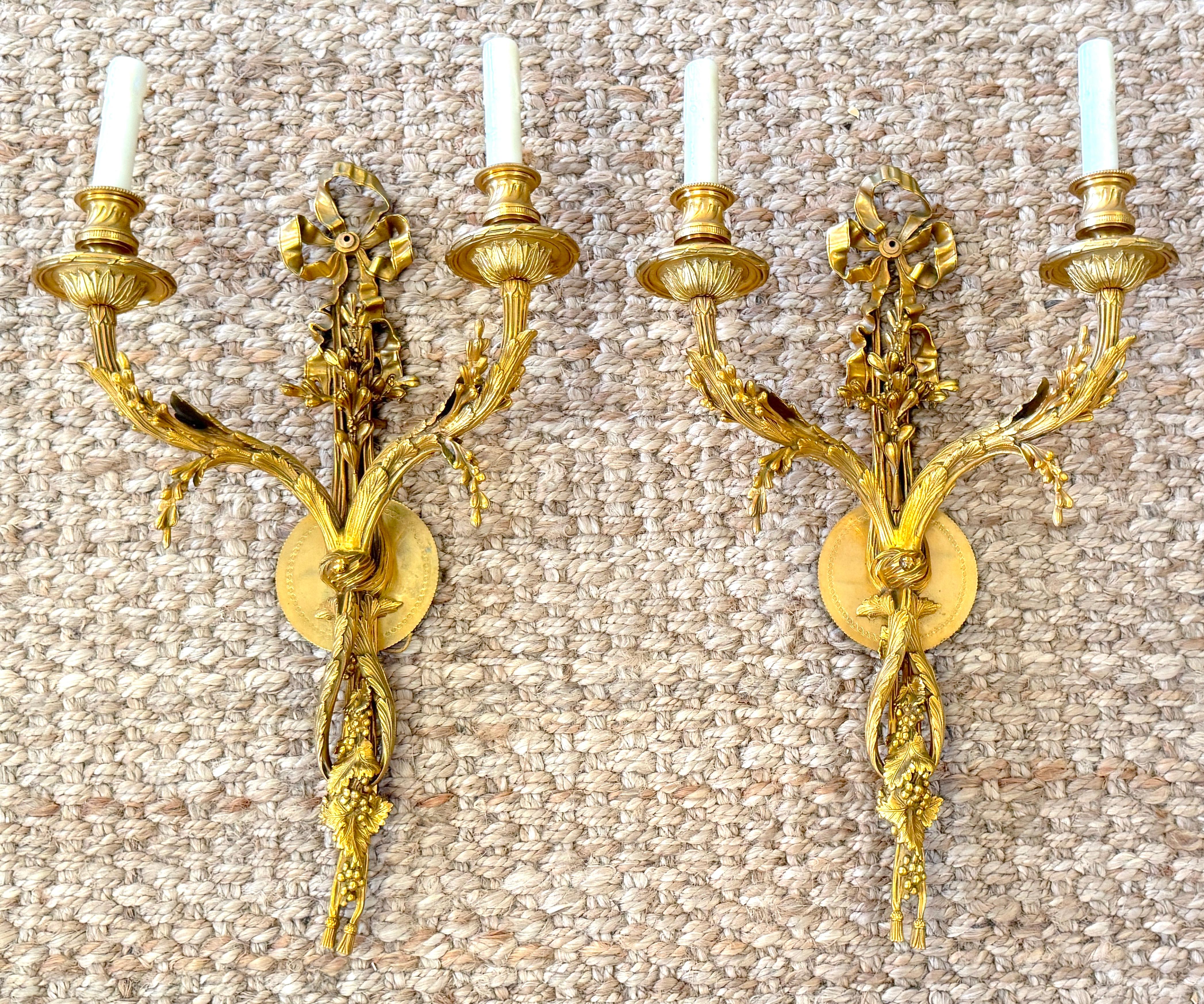 American Louis XVI Style Ormolu Two‑Light Sconces, Attributed to P.E. Guerin For Sale