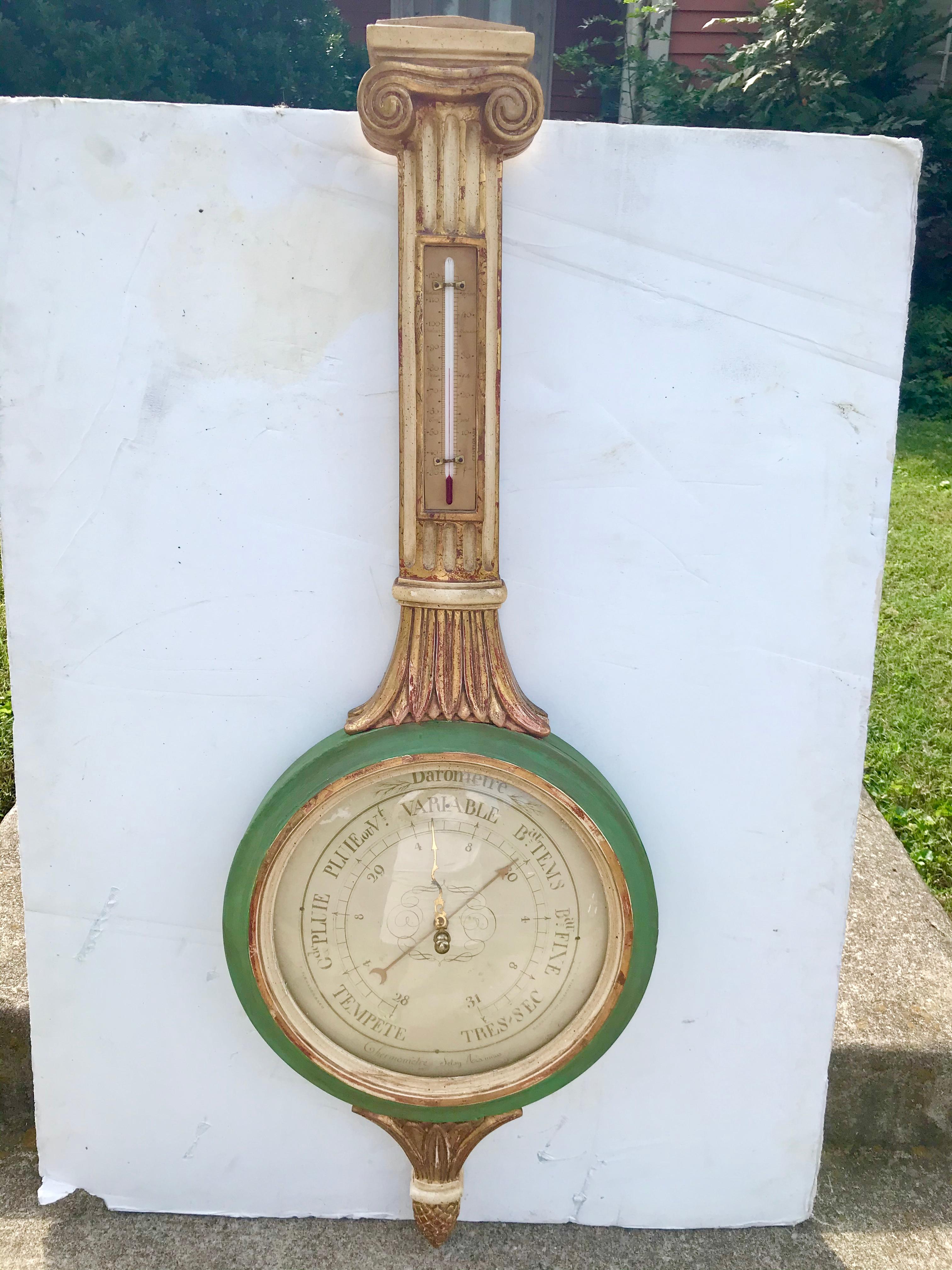 Louis XVI Style Paint and Giltwood Columnar Barometer 4