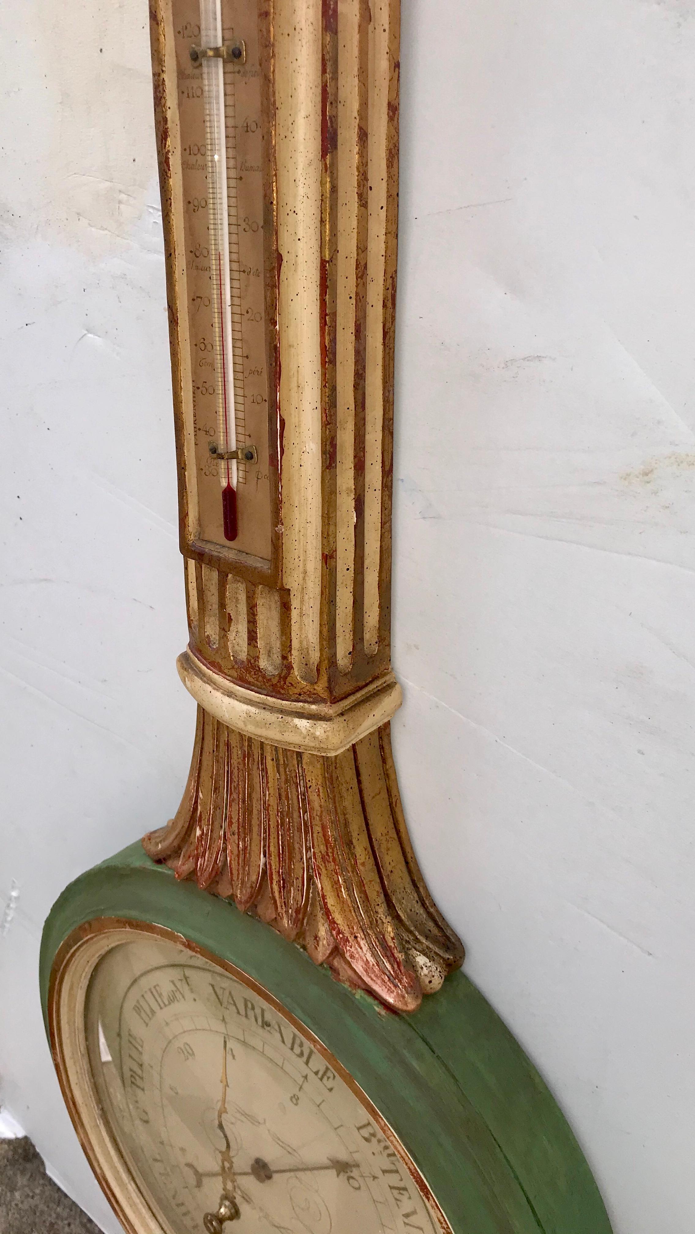 Louis XVI Style Paint and Giltwood Columnar Barometer 1