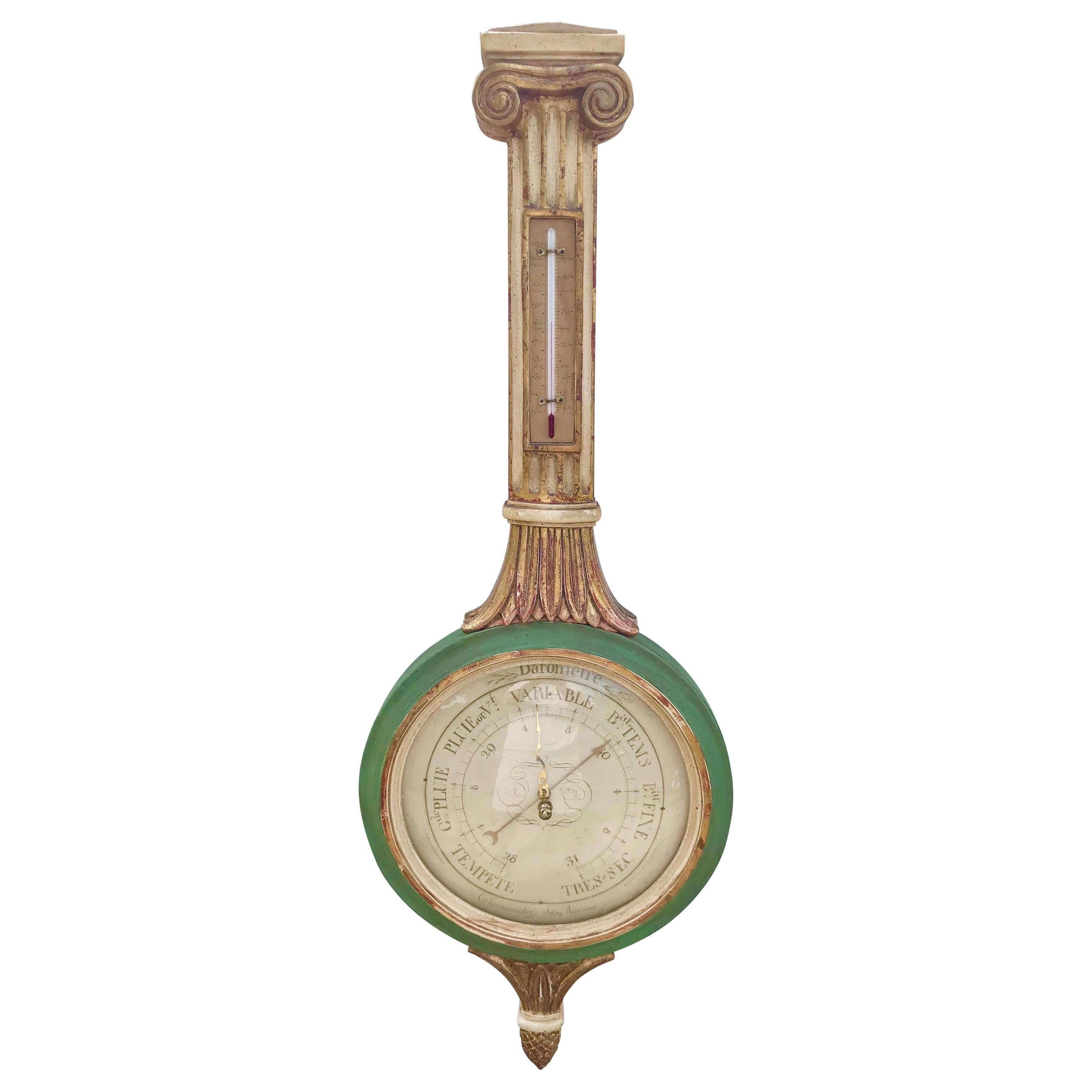 Louis XVI Style Paint and Giltwood Columnar Barometer