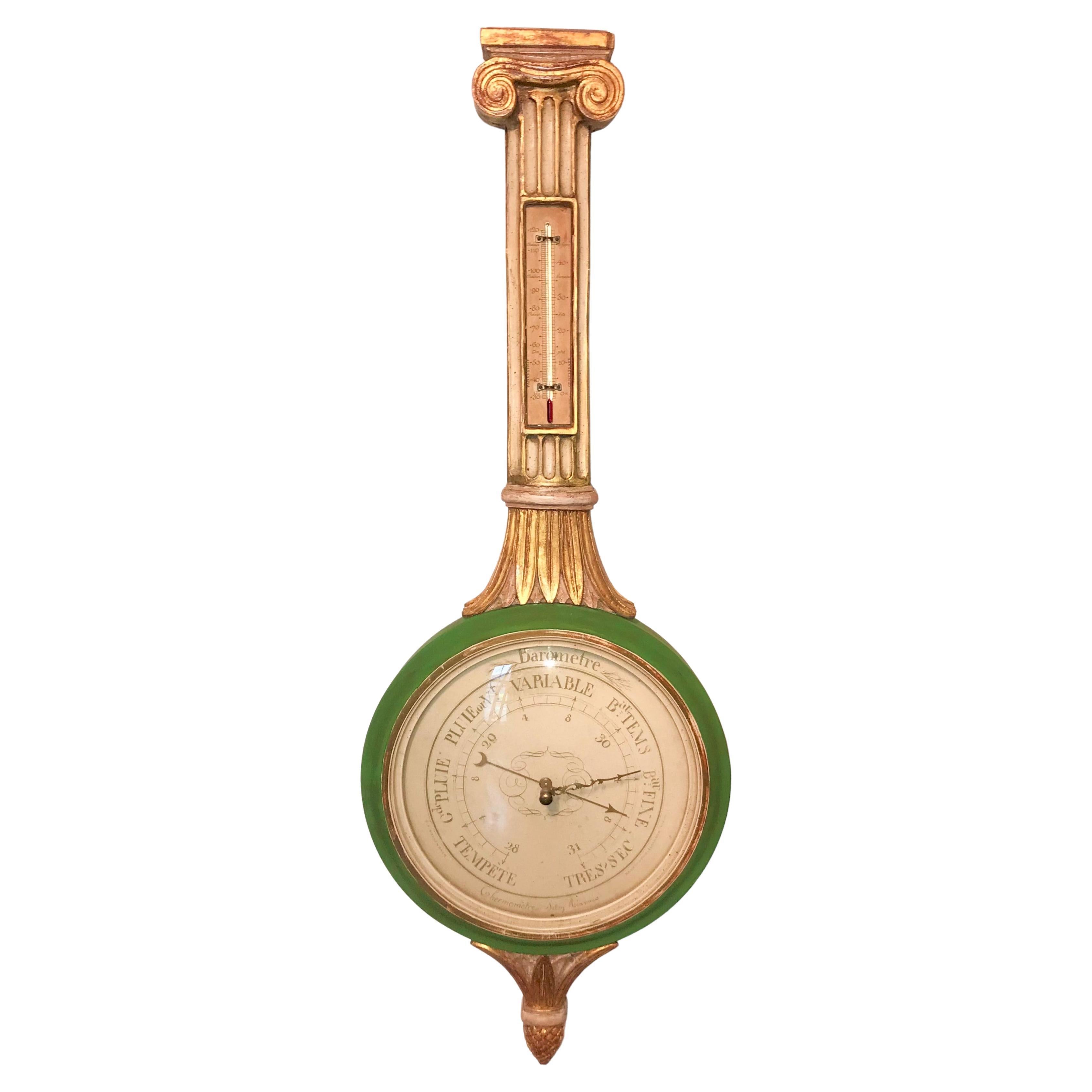 Louis XVI Style Paint and Giltwood Columnar Barometer of Banjo Form