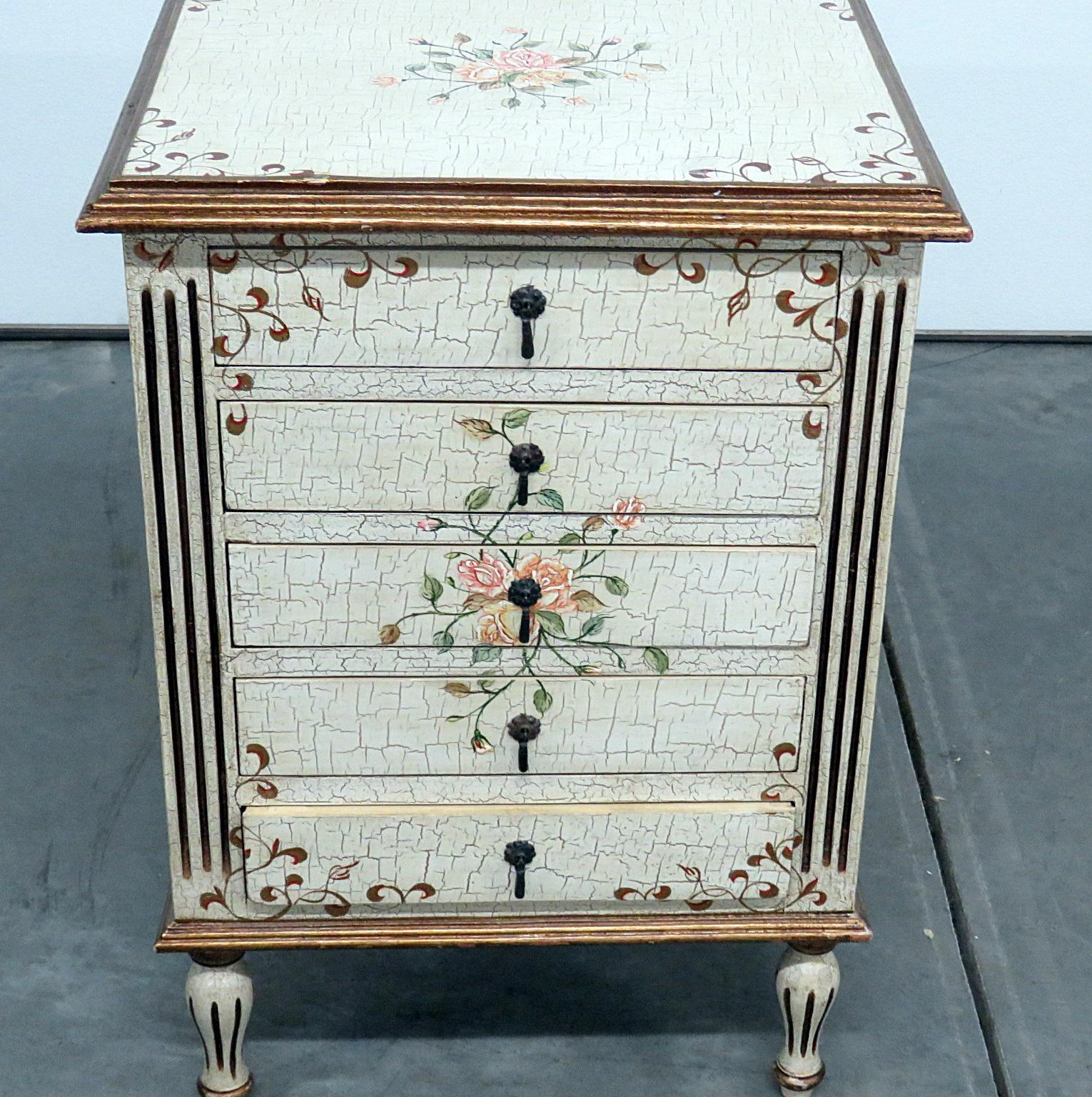 Louis XVI style distressed paint decorated 5 drawer commode.