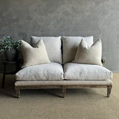 Louis XVI Style Painted and Upholstered Settee in Grasscloth and Linen with Down