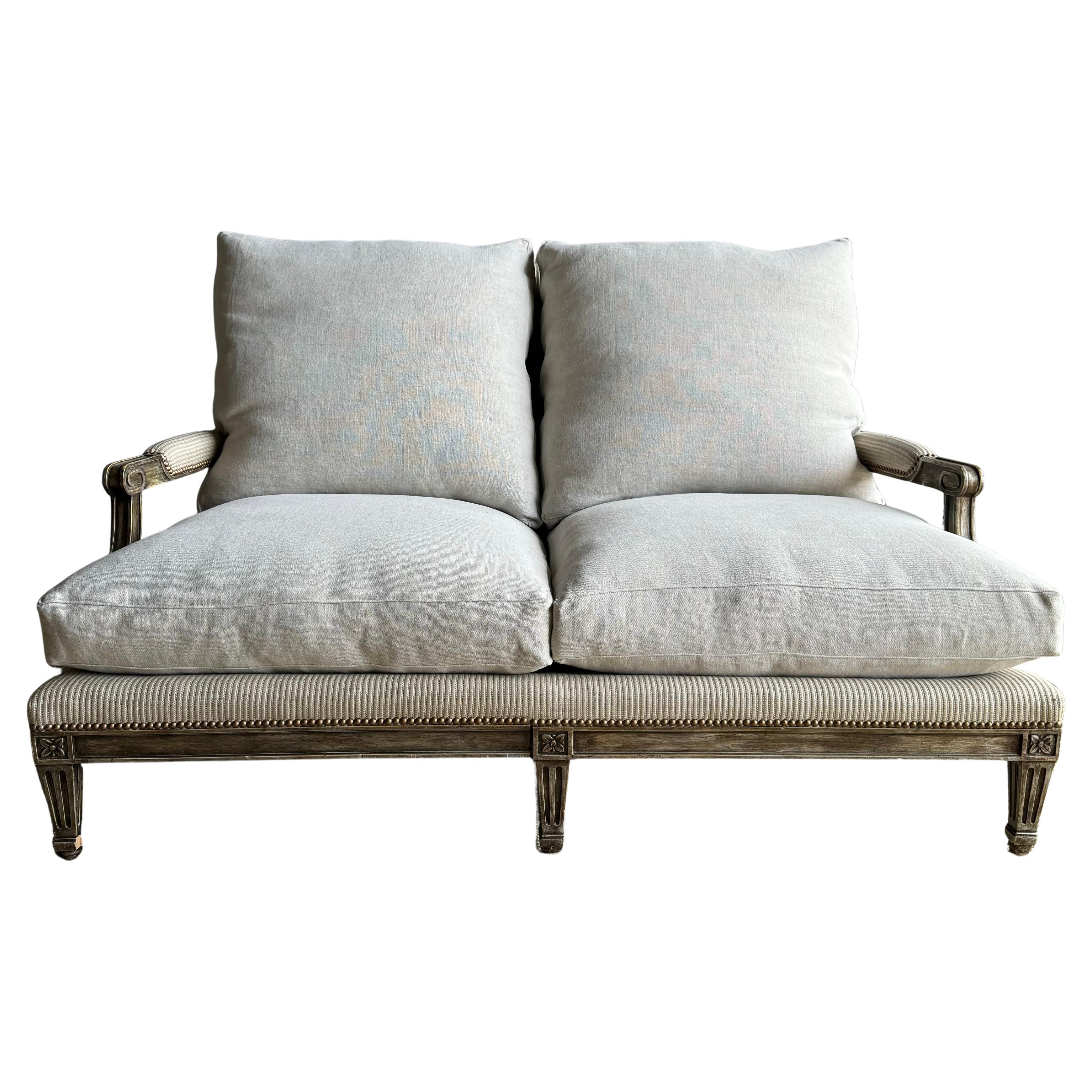Louis XVI Style Painted and Upholstered Settee in Grasscloth and Linen with Down