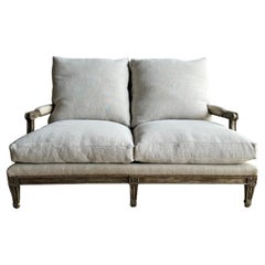 Louis XVI Style Painted and Upholstered Settee in Grasscloth and Linen with Down
