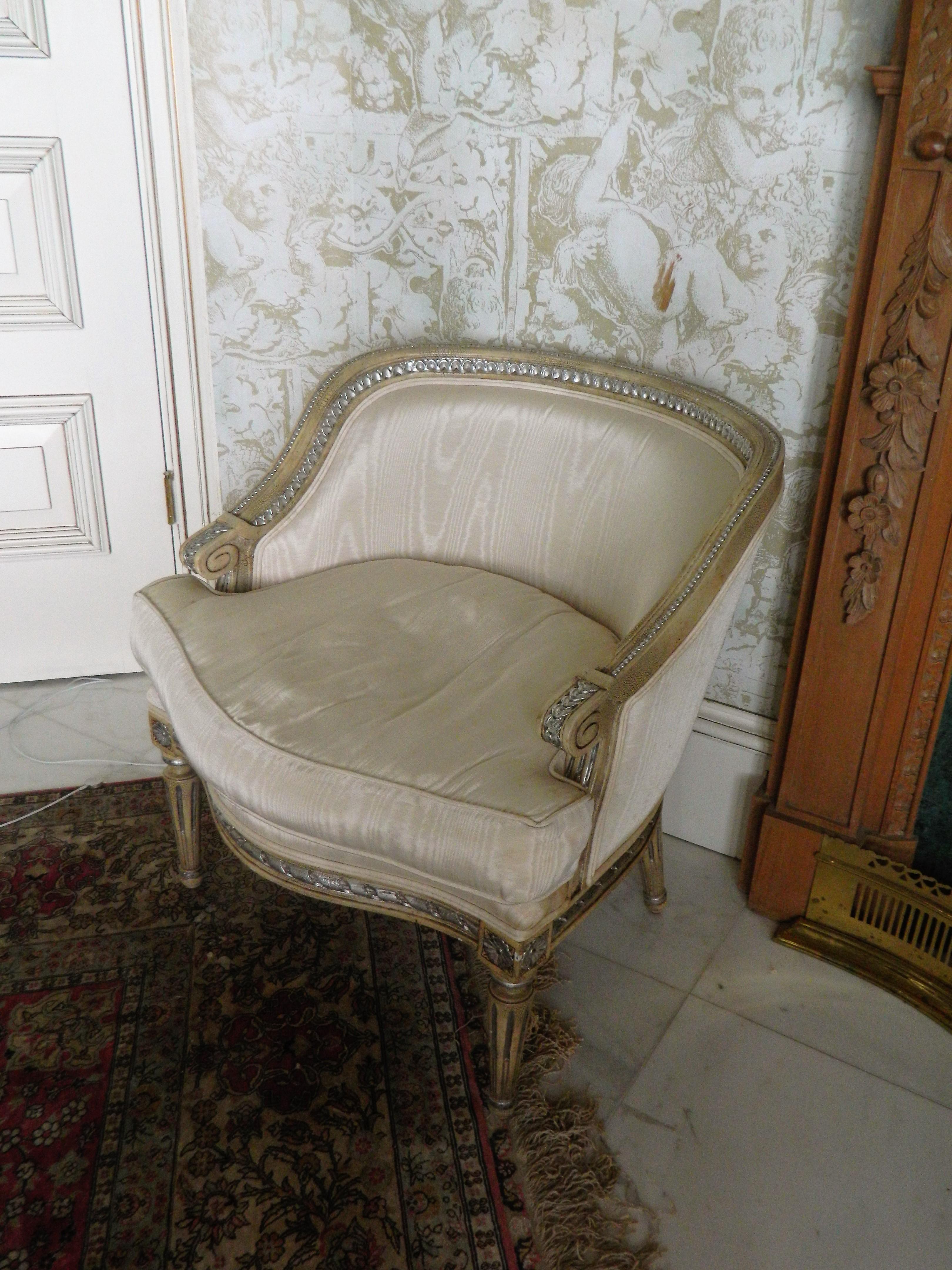 French Louis XVI Style Painted Boudoir or Bergere Chair, 20th Century