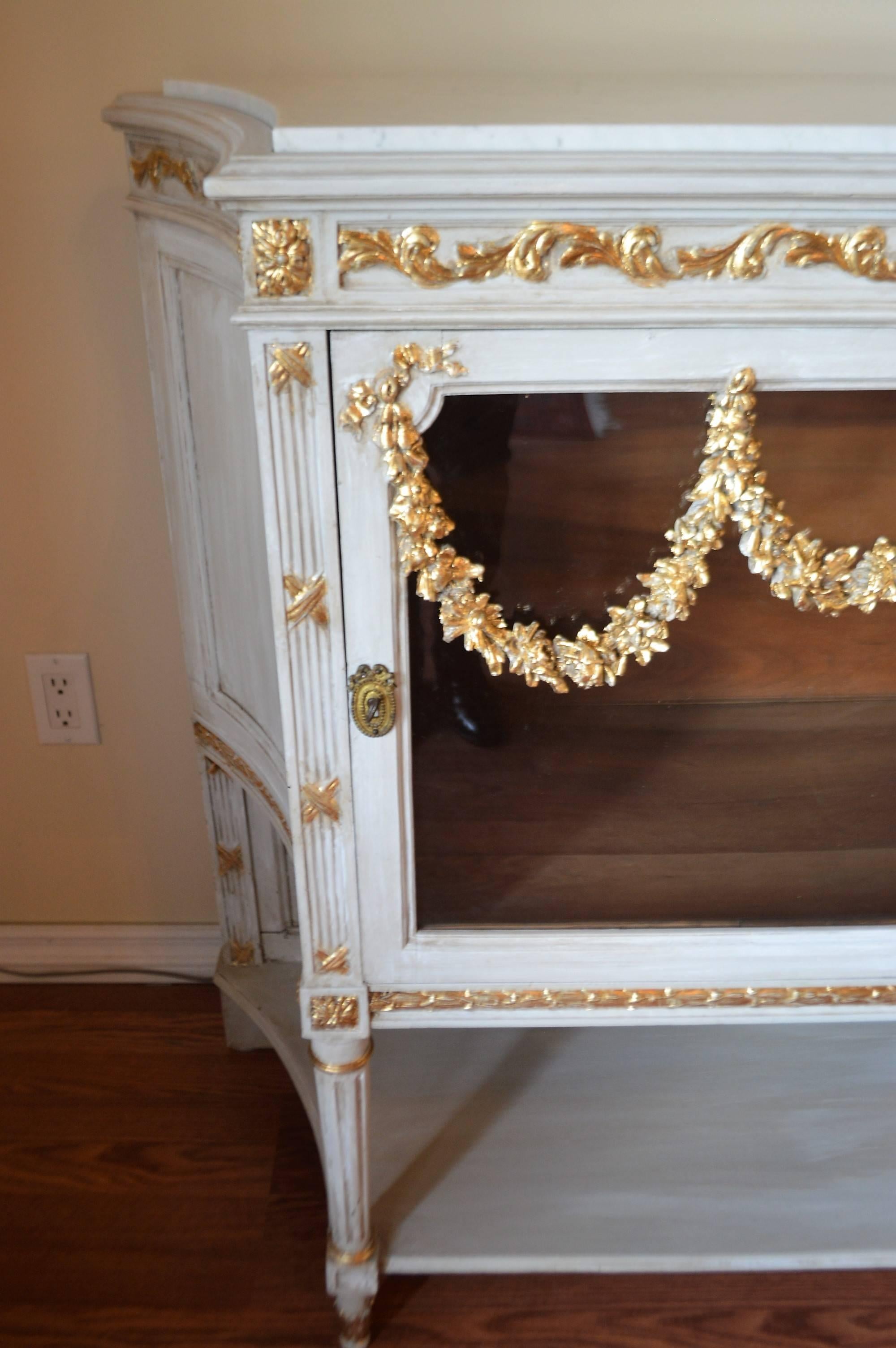 French Louis XVI Style Painted Cabinet with Glass Door, Gilded Details, Marble Top