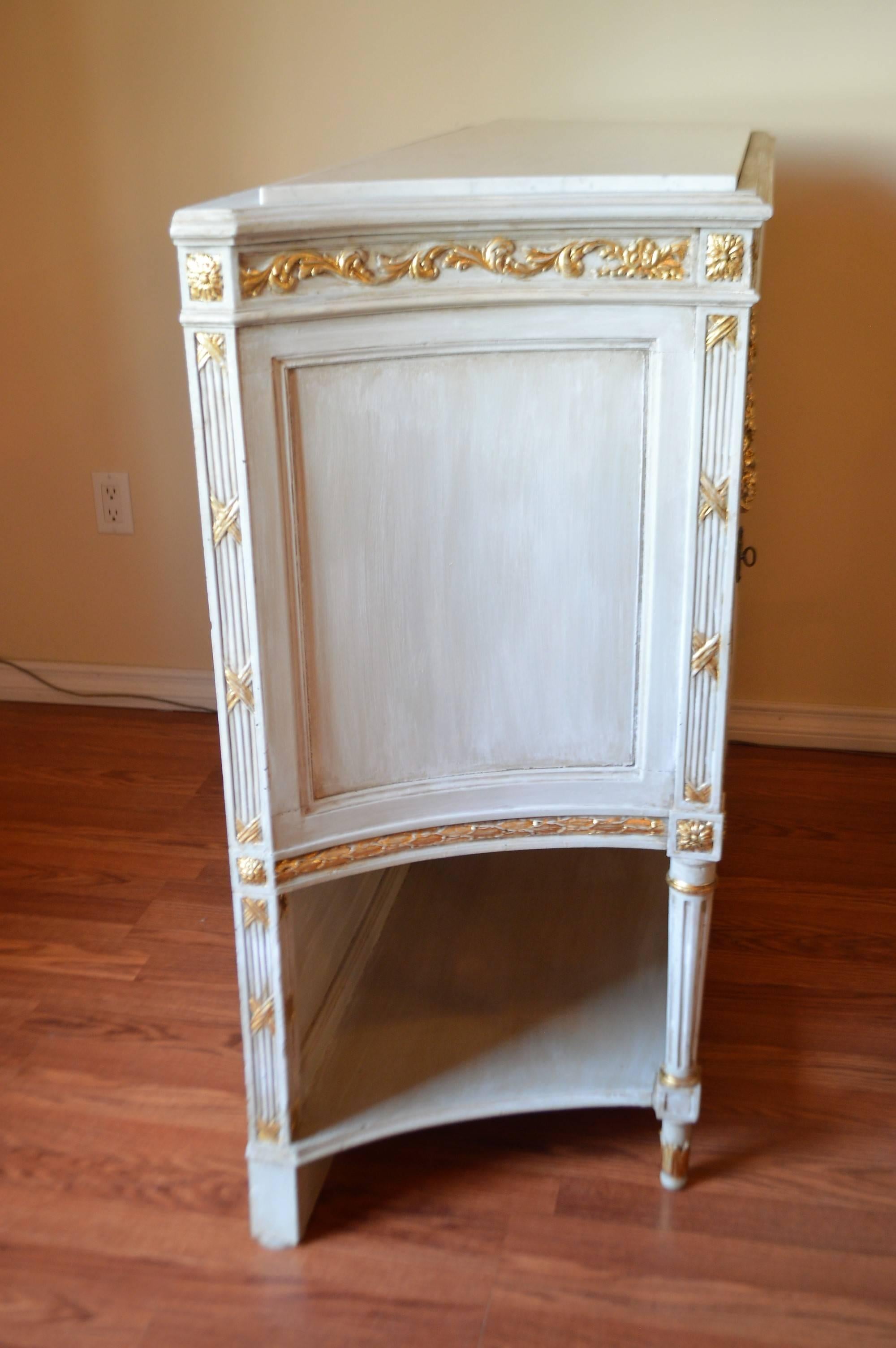 19th Century Louis XVI Style Painted Cabinet with Glass Door, Gilded Details, Marble Top