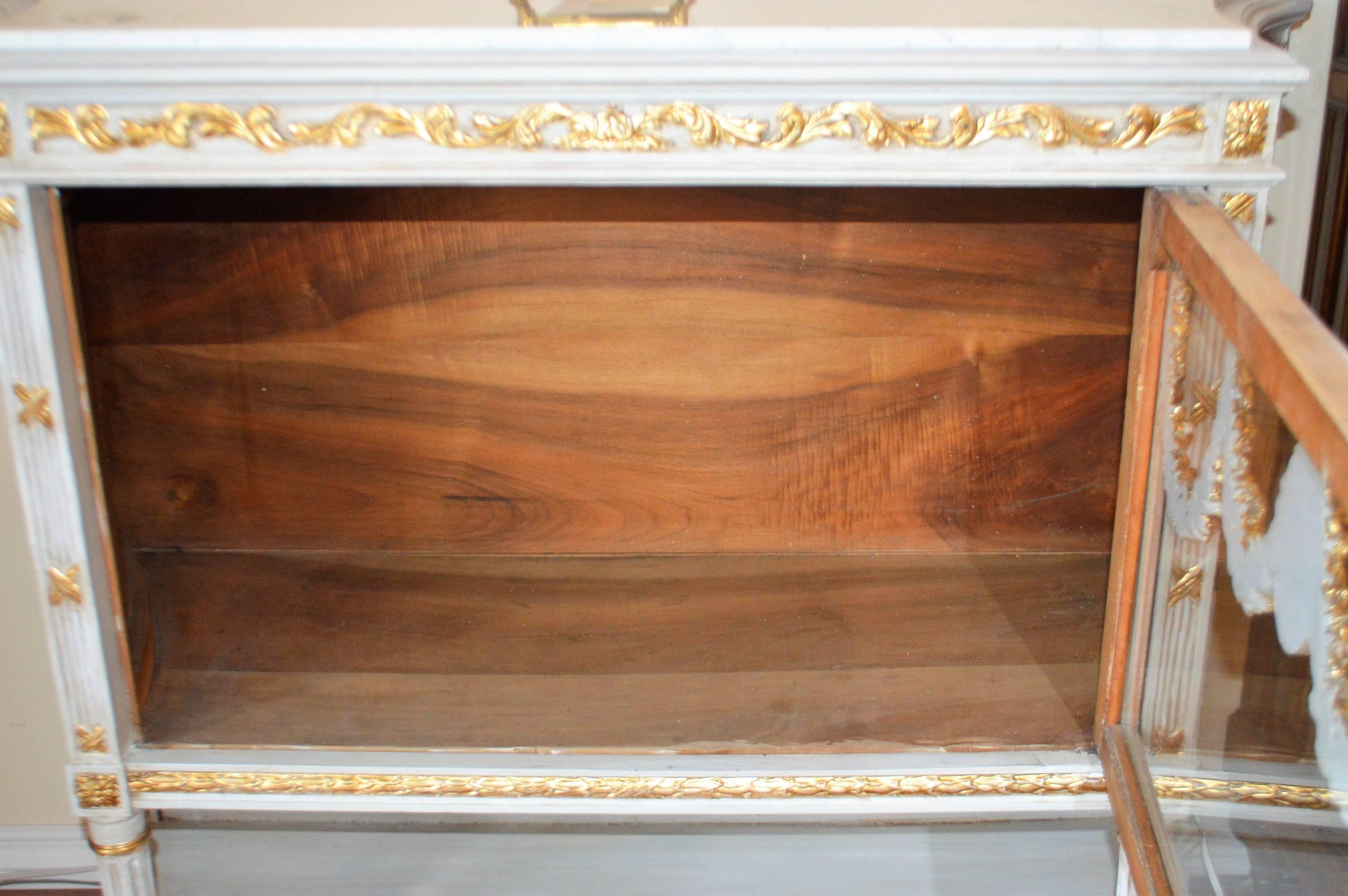 Louis XVI Style Painted Cabinet with Glass Door, Gilded Details, Marble Top 2