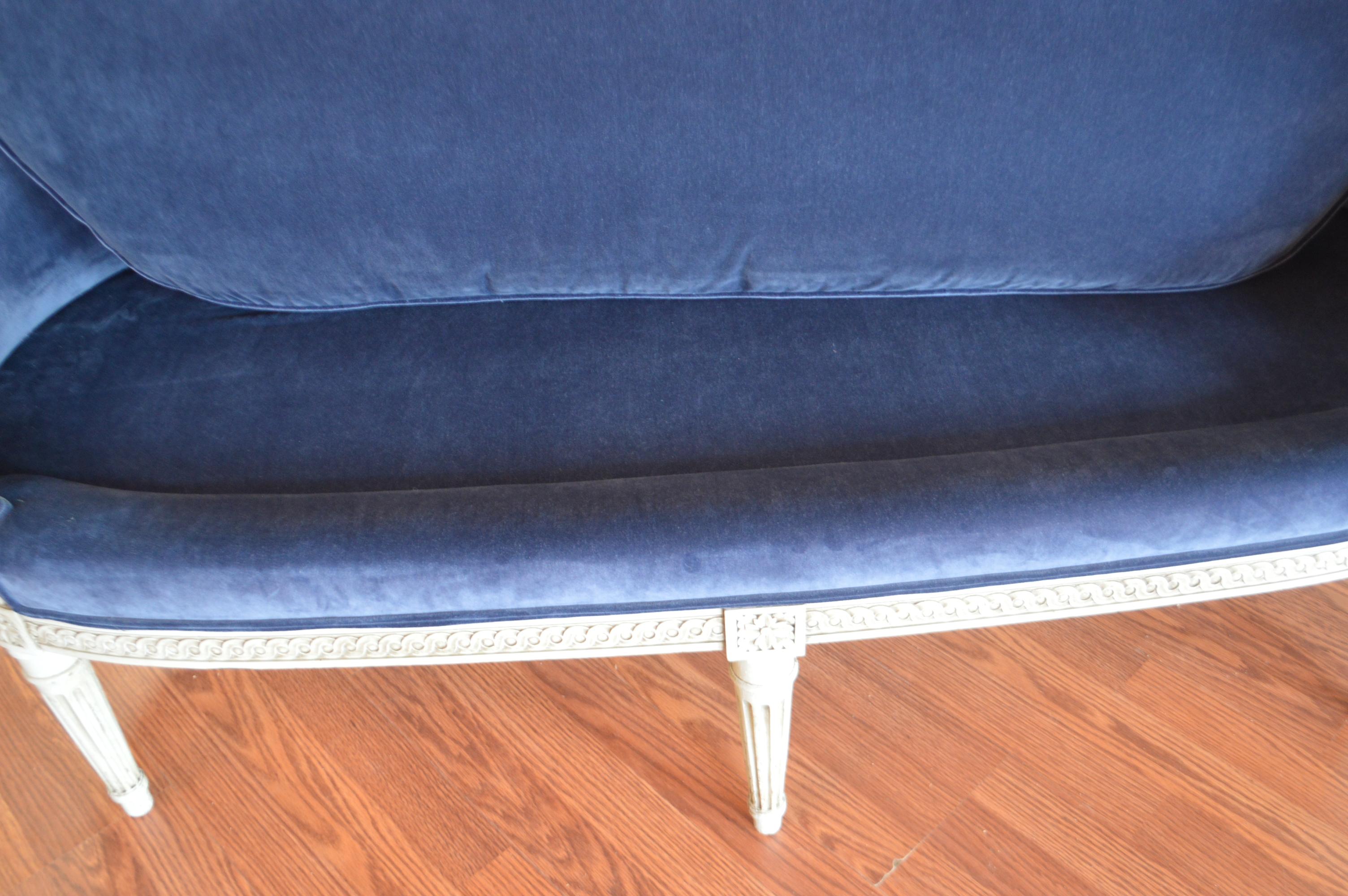 Louis XVI Style Painted Canape Newly Upholstered in Rich Blue Velvet 5