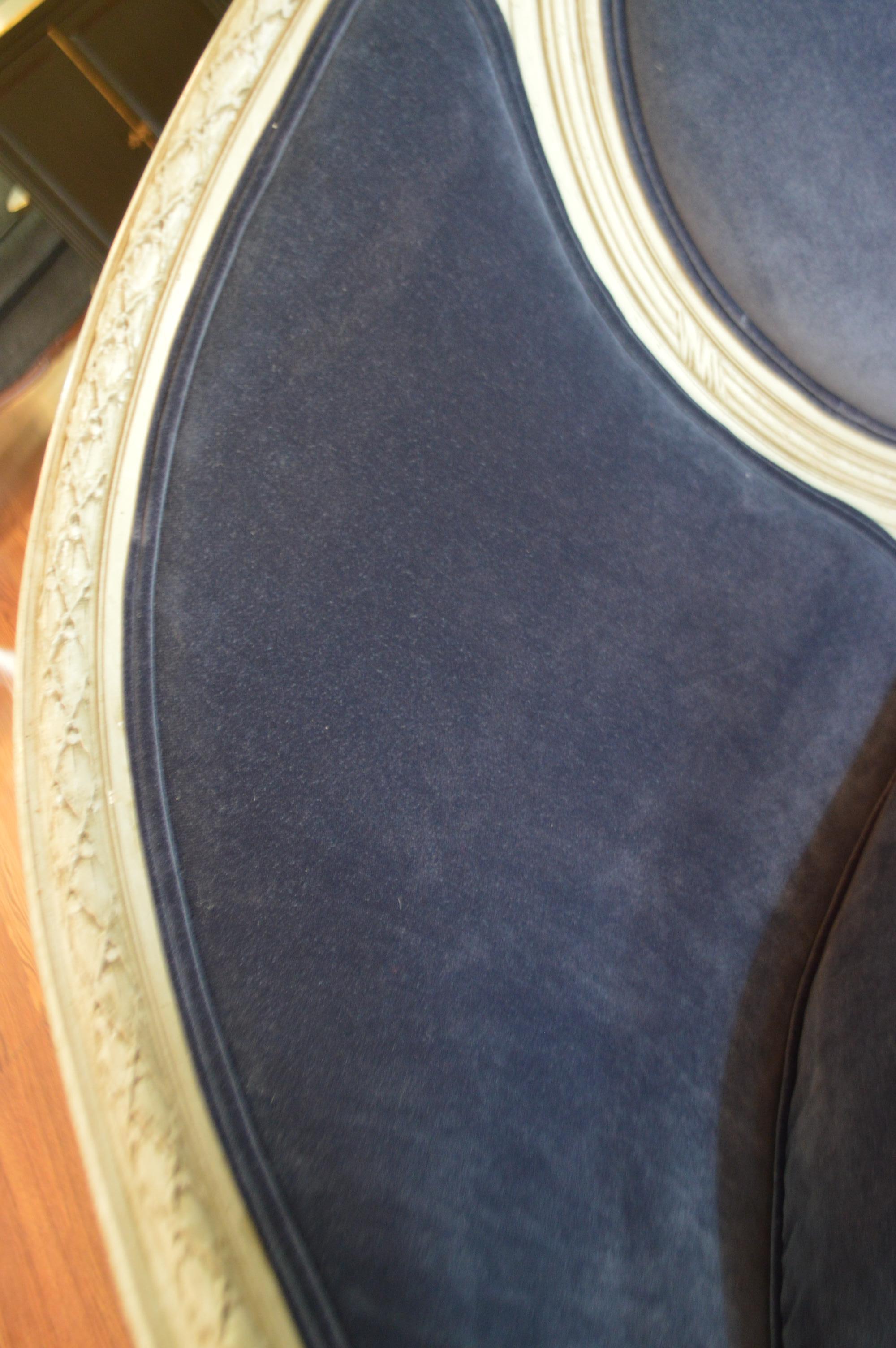 French Louis XVI Style Painted Canape Newly Upholstered in Rich Blue Velvet