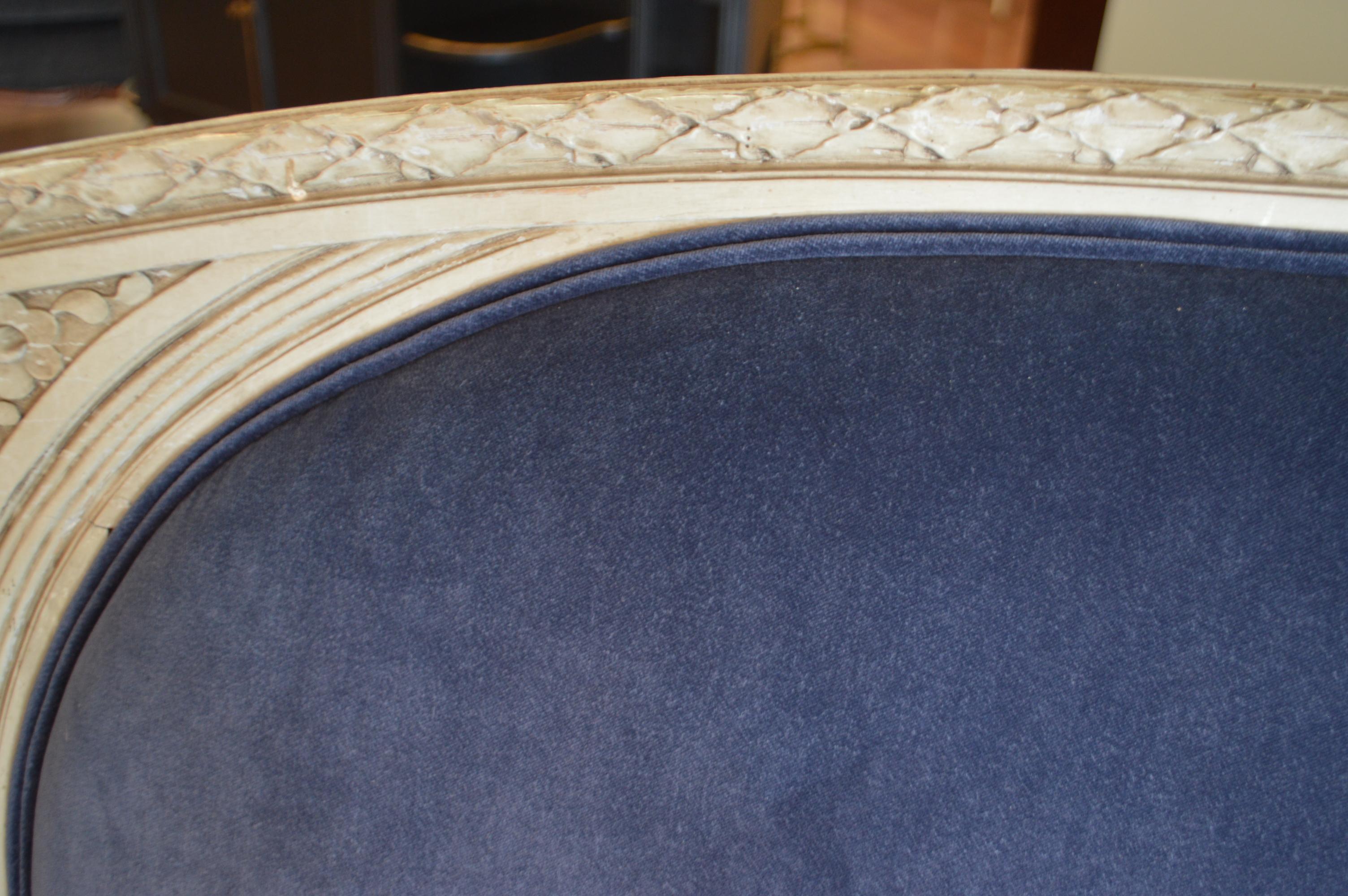 20th Century Louis XVI Style Painted Canape Newly Upholstered in Rich Blue Velvet
