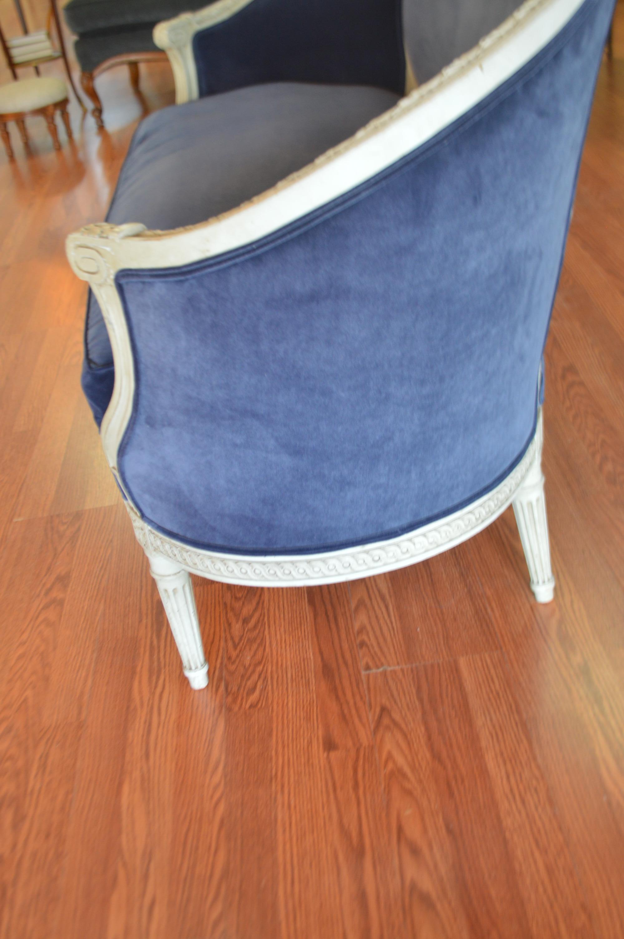 Louis XVI Style Painted Canape Newly Upholstered in Rich Blue Velvet 3