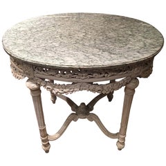 Antique Louis XVI Style Painted Carved Fruitwood Marble-Top Center Table, 19th Century