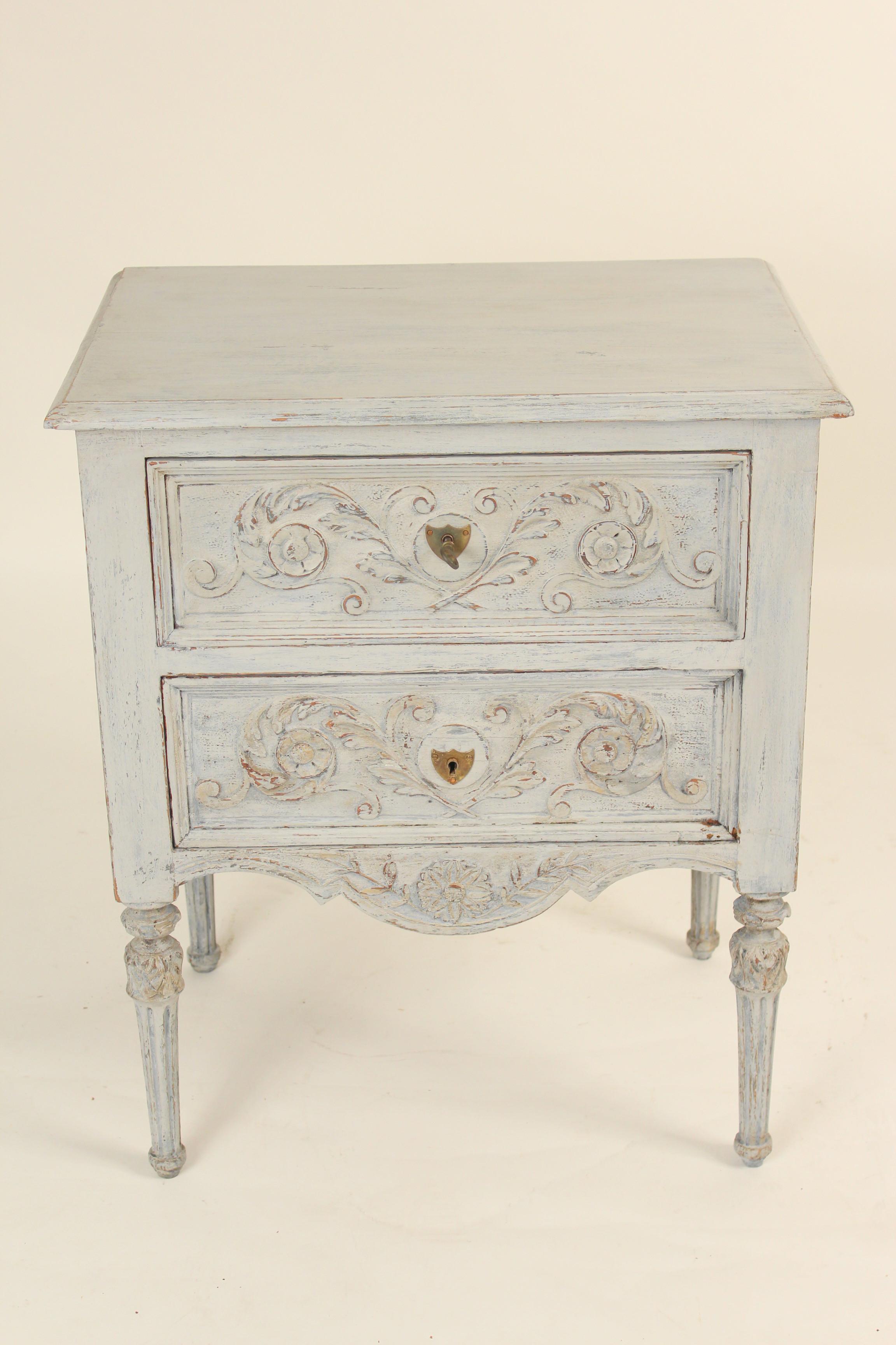 Louis XVI style painted small scale chest of drawers / occasional table, circa 1930s. Hand dovetailed drawer construction. This chest has a top drawer and a bottom door. The paint is later.