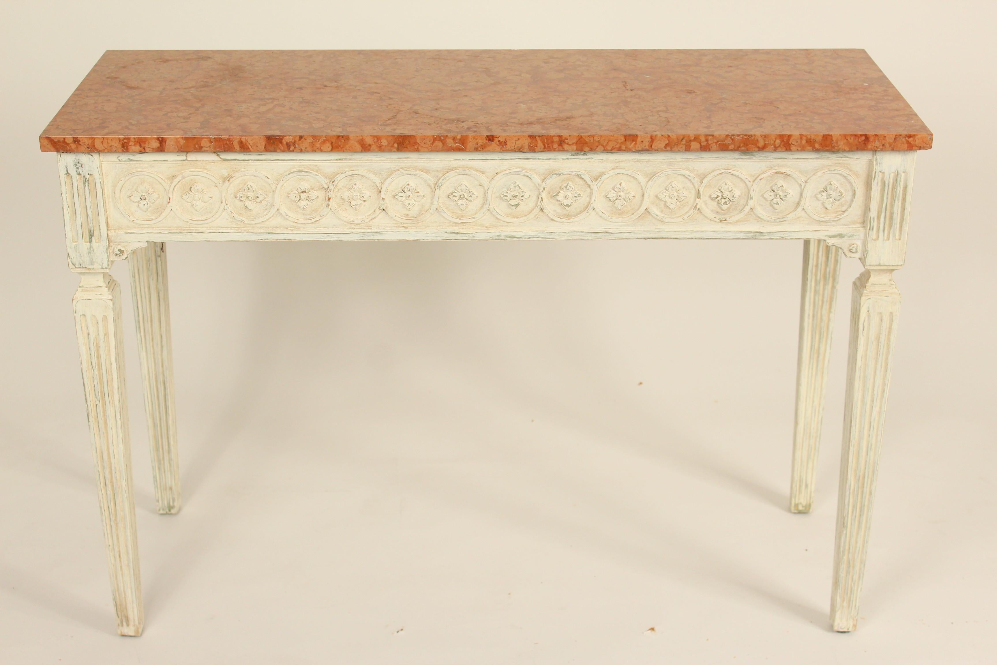 Louis XVI style painted console table with a marble top, circa 1960s.