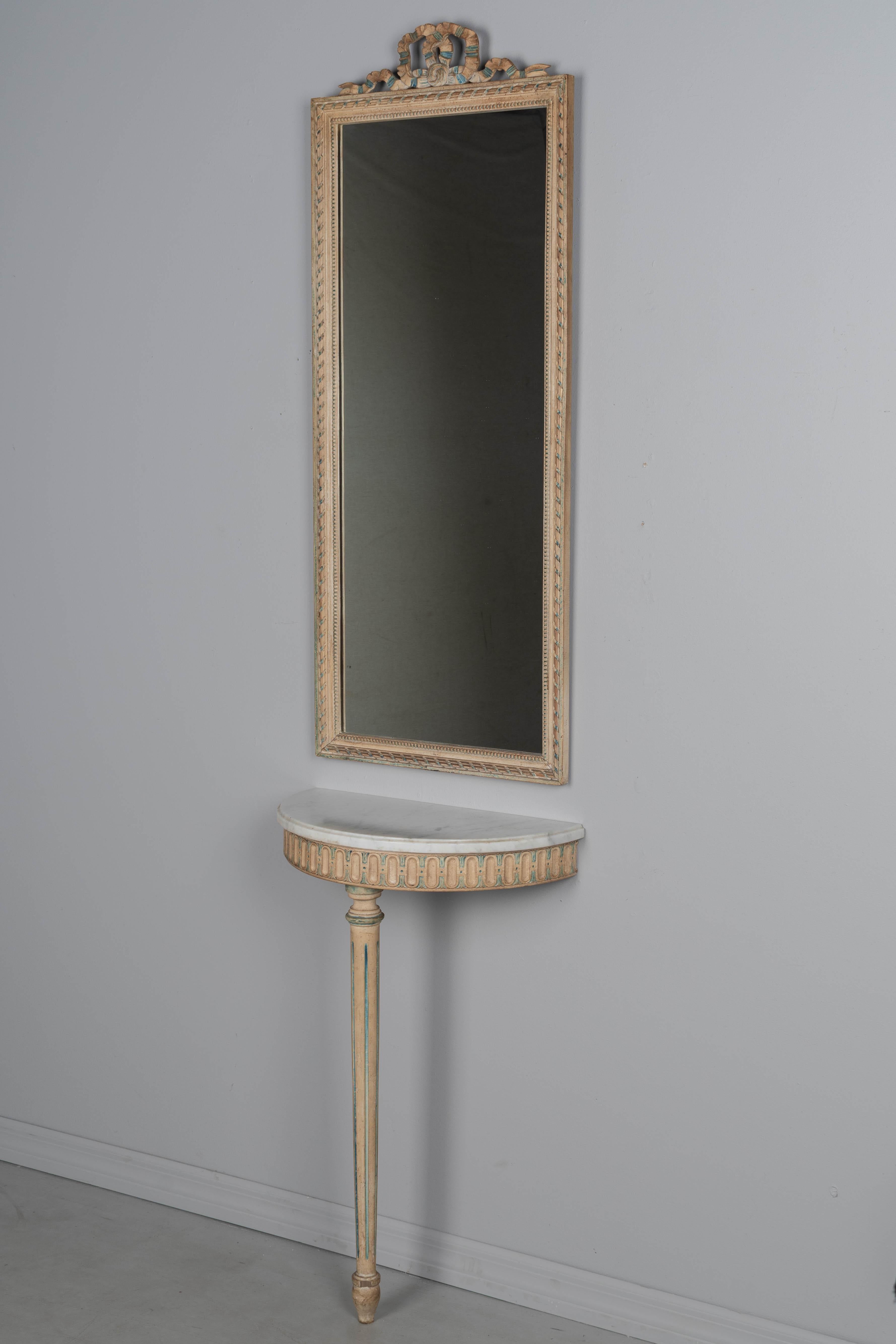 French Louis XVI Style Painted Demilune Console & Mirror For Sale