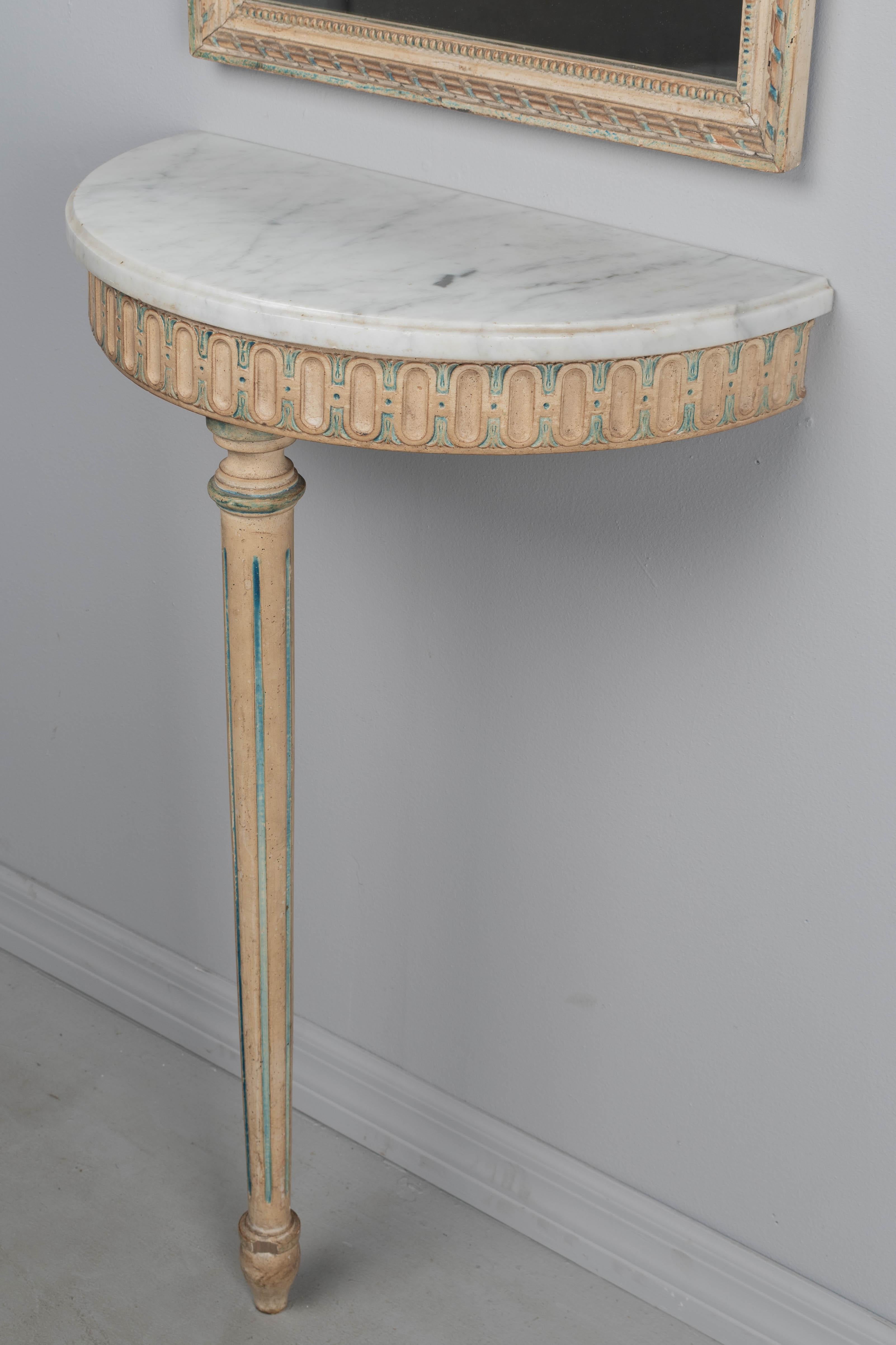 Hand-Carved Louis XVI Style Painted Demilune Console & Mirror For Sale