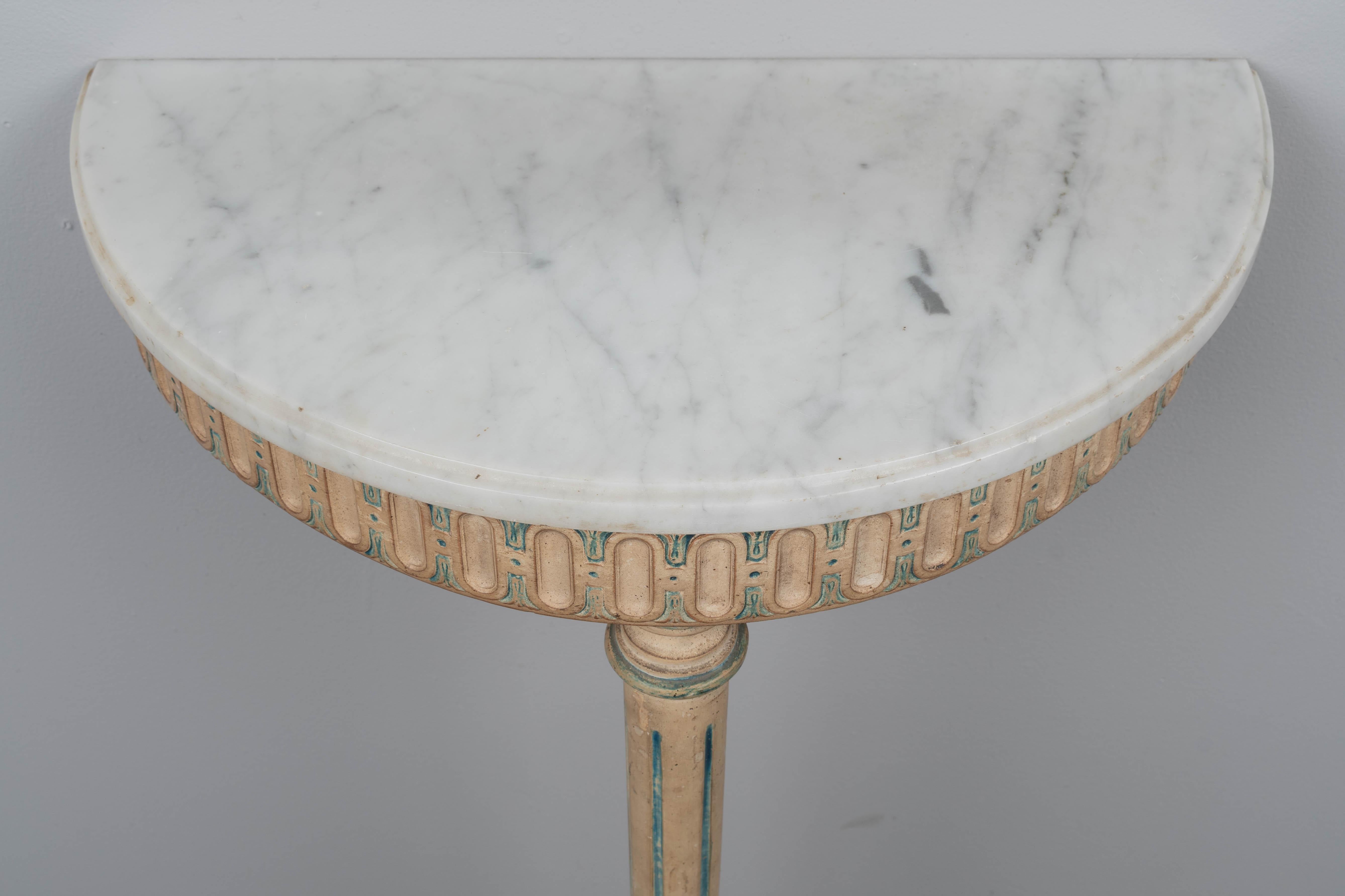 Marble Louis XVI Style Painted Demilune Console & Mirror For Sale