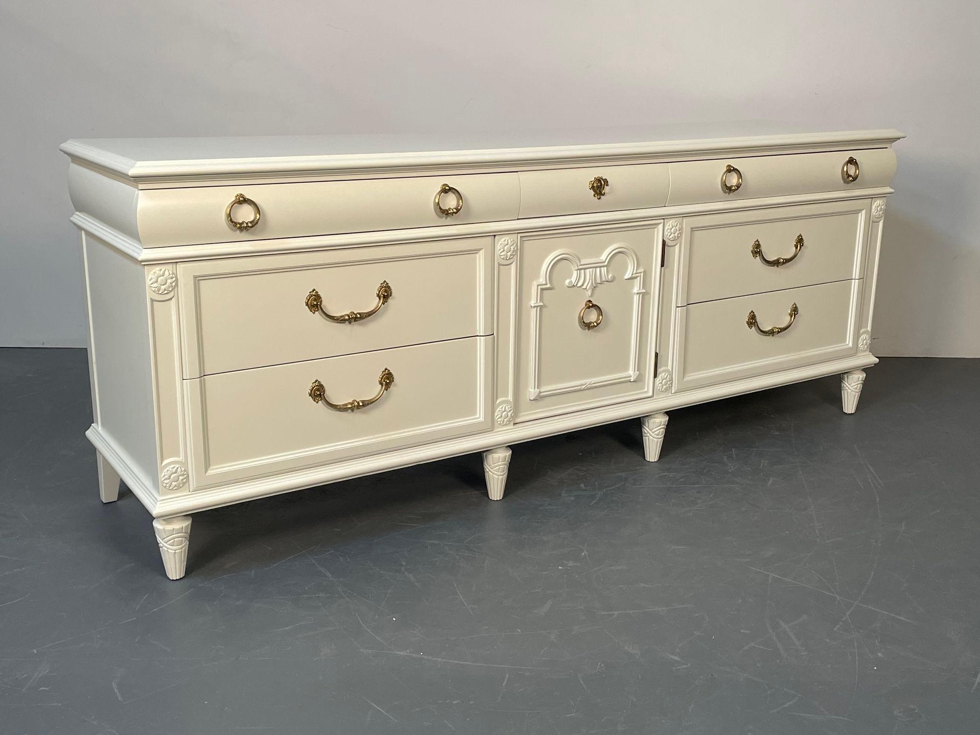 Hollywood Regency Louis XVI Style Painted Dresser, Mid-Century Modern, Commode, Bronze, off White For Sale
