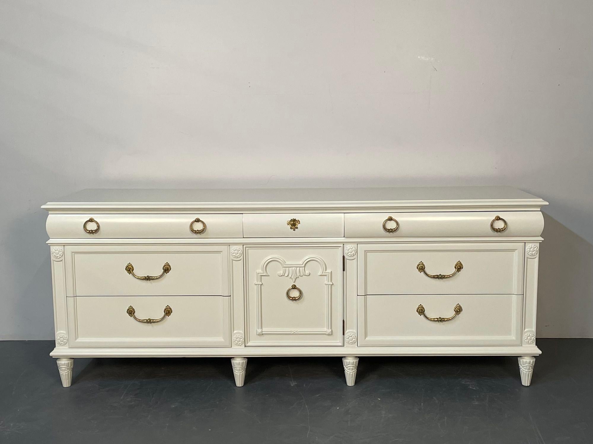 American Louis XVI Style Painted Dresser, Mid-Century Modern, Commode, Bronze, off White For Sale
