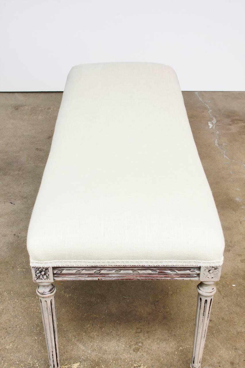 20th Century Louis XVI Style Painted French Linen Window Bench