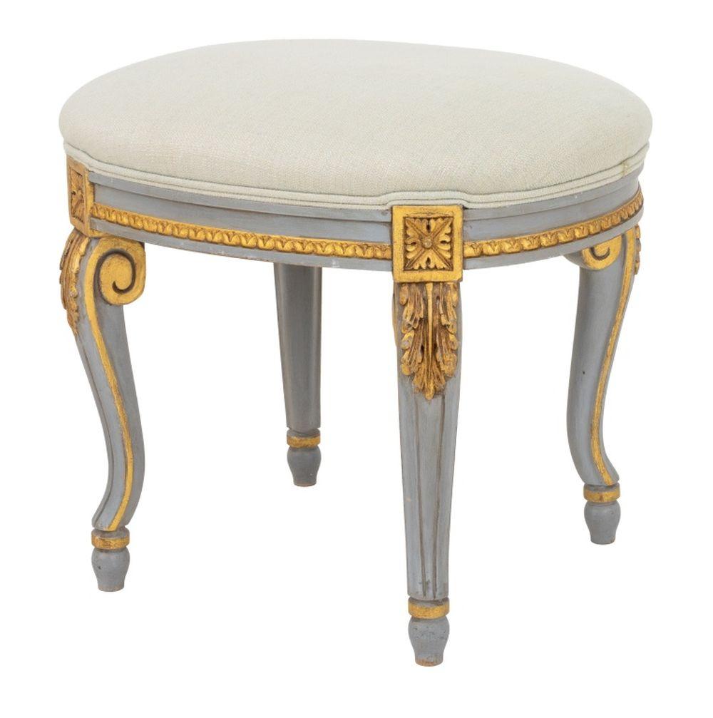 Louis XVI Style Painted Oval Foot Stool, light blue fluted cabriole legs and light green upholstery, with gilt decoration. 17.5