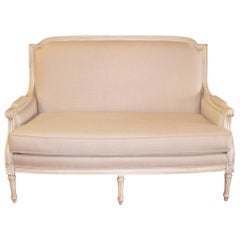 Louis XVI Style Painted Settee, Canape, Newly Upholstered in Grey Belgium Linen
