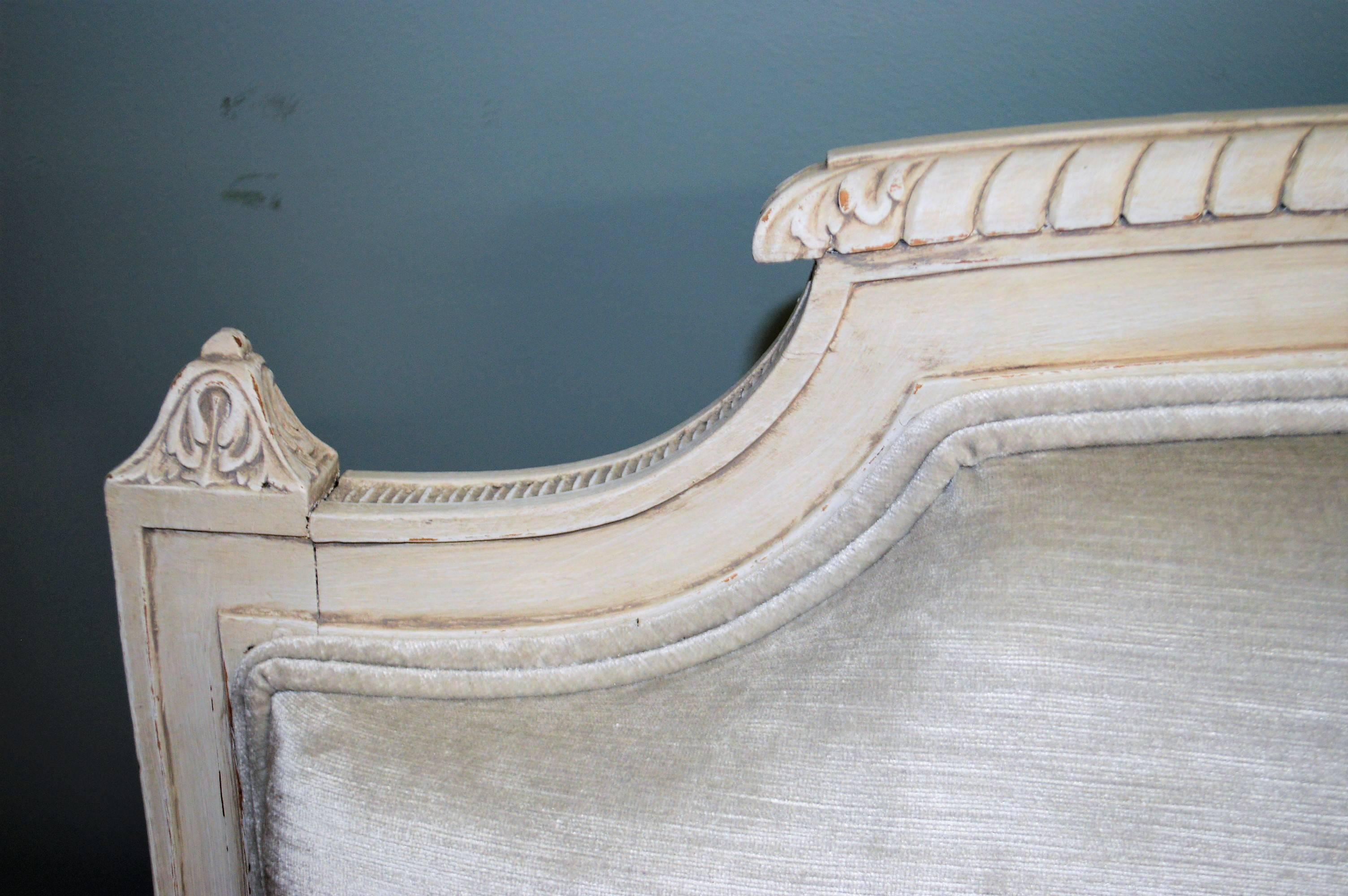 19th Century Louis XVI Style Painted Settee Newly Upholstered in a Grey Velvet Chenille