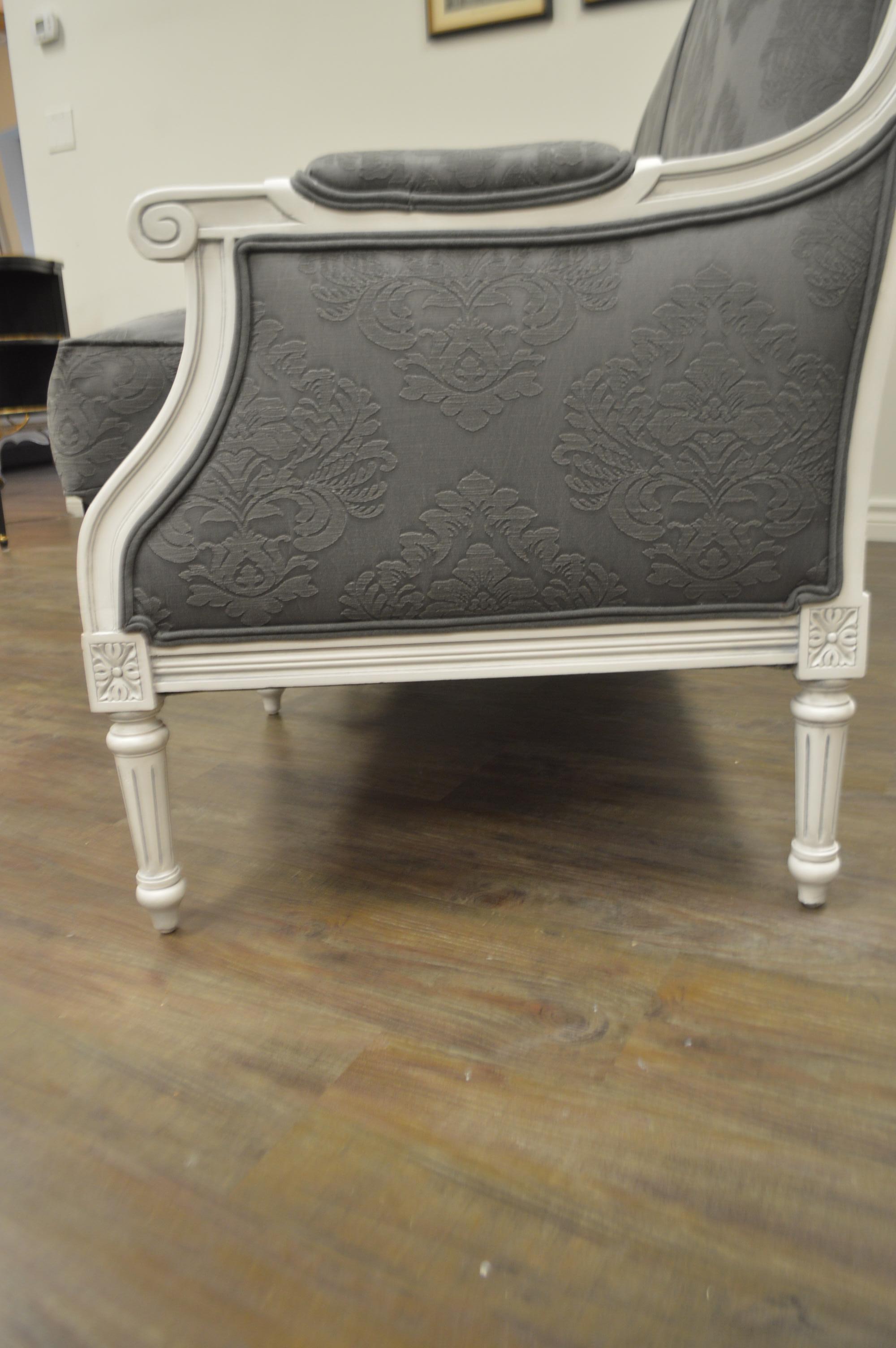 Patinated Louis XVI Style Painted Three-Seat Sofa Newly Upholstered in Grey Damask Fabric For Sale