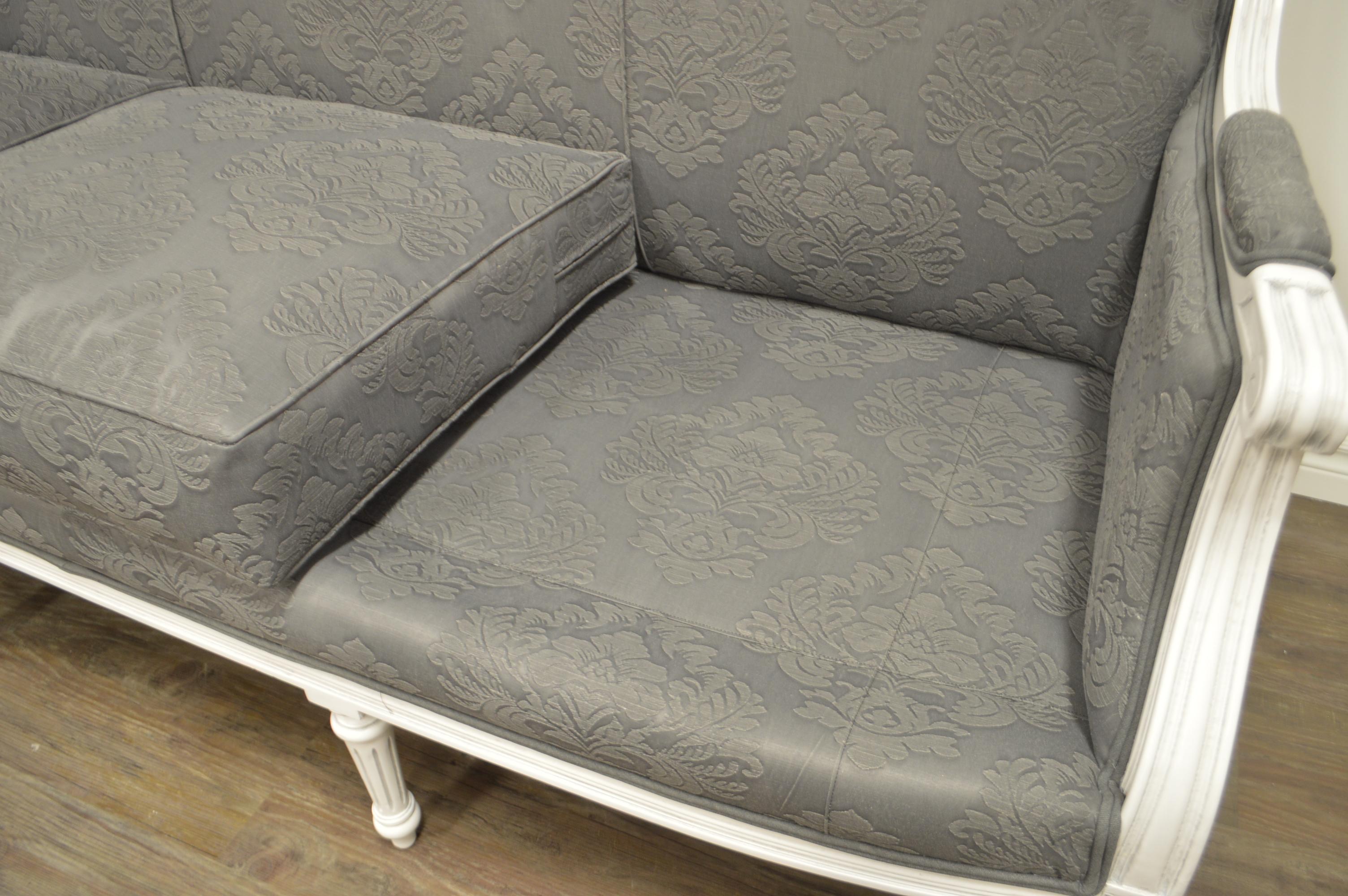 Contemporary Louis XVI Style Painted Three-Seat Sofa Newly Upholstered in Grey Damask Fabric For Sale