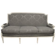 Louis XVI Style Painted Three-Seat Sofa Newly Upholstered in Grey Damask Fabric