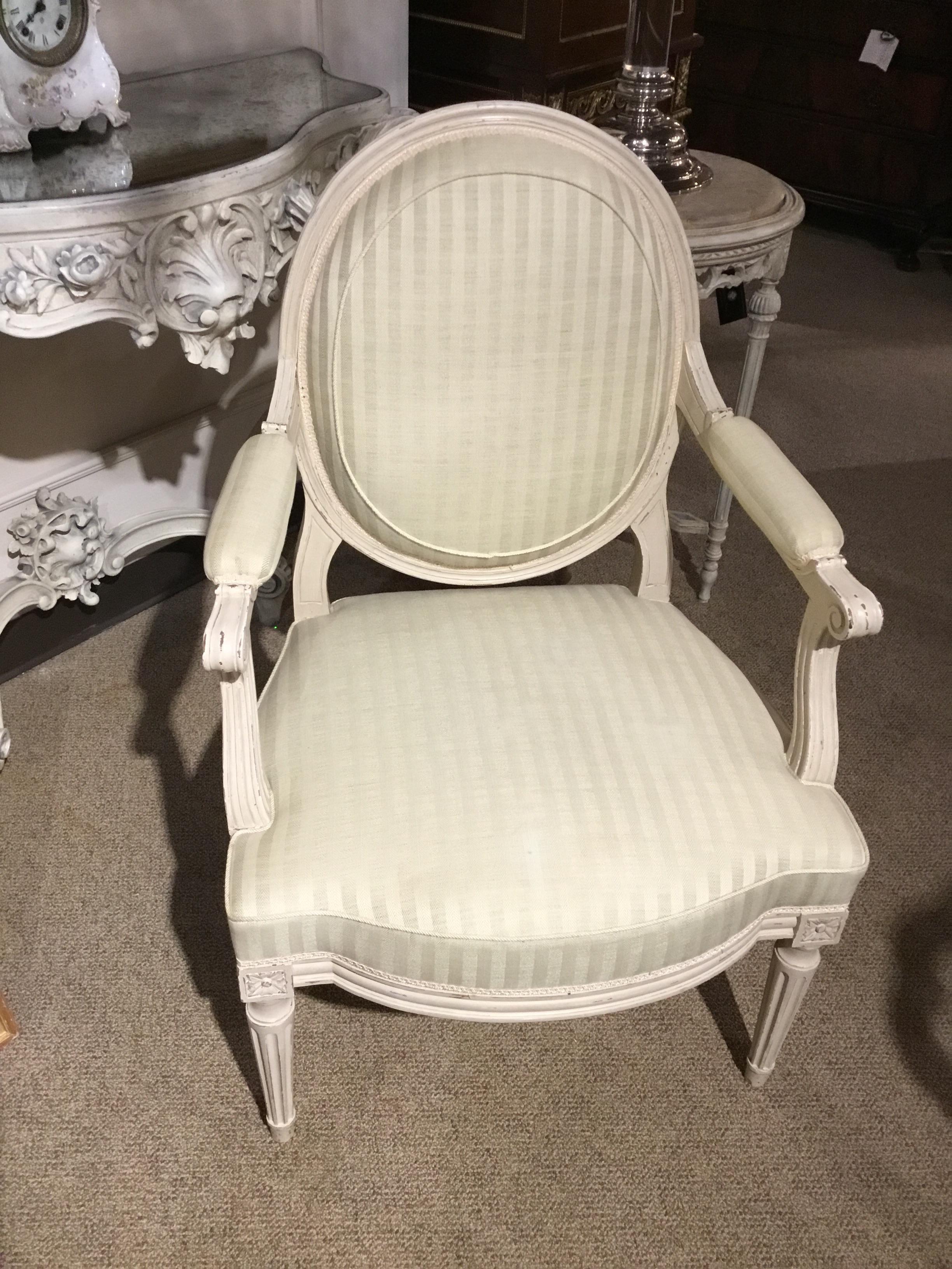 French Louis XVI Style Painted White Armchairs, Midcentury For Sale