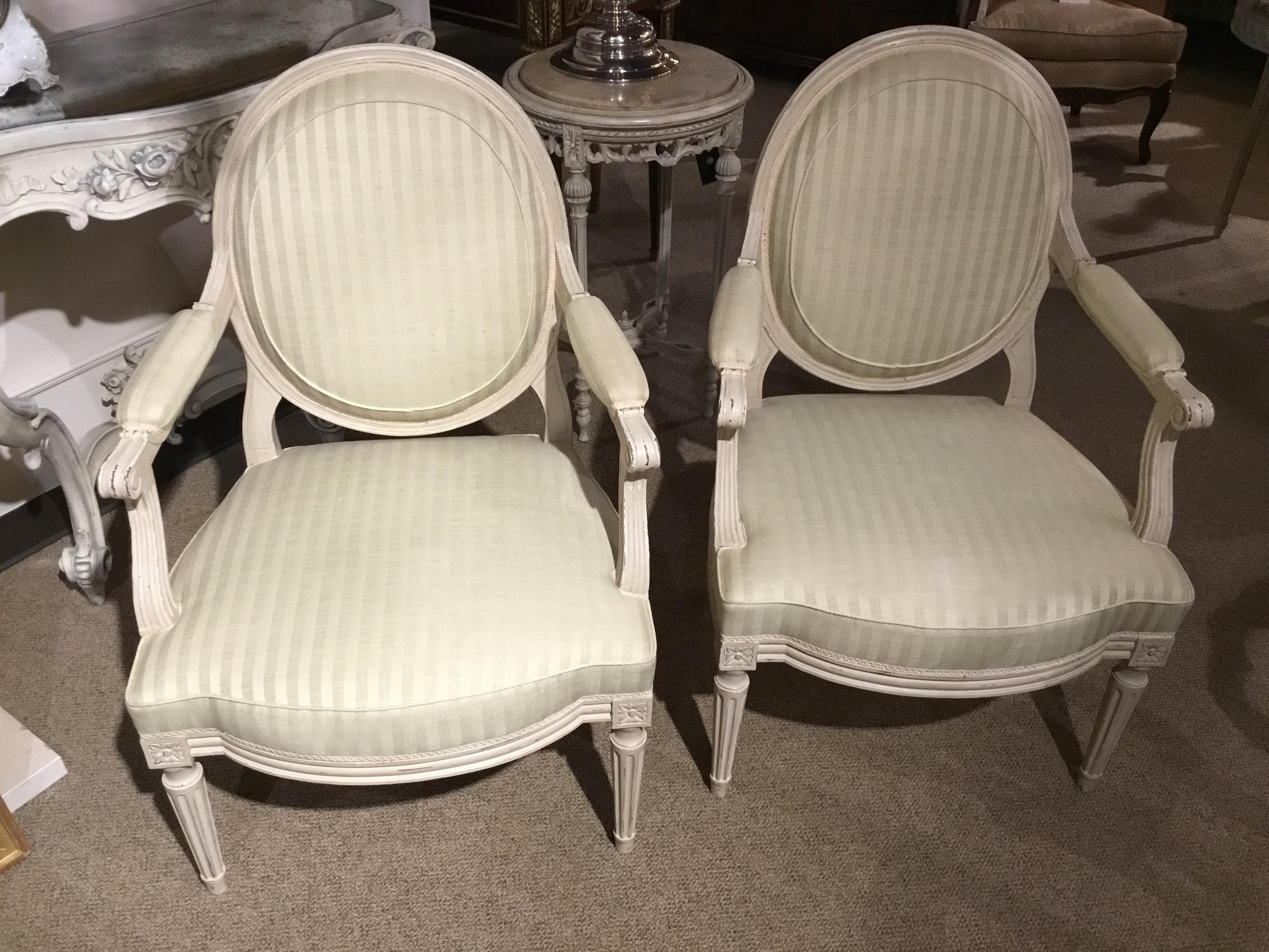 20th Century Louis XVI Style Painted White Armchairs, Midcentury For Sale