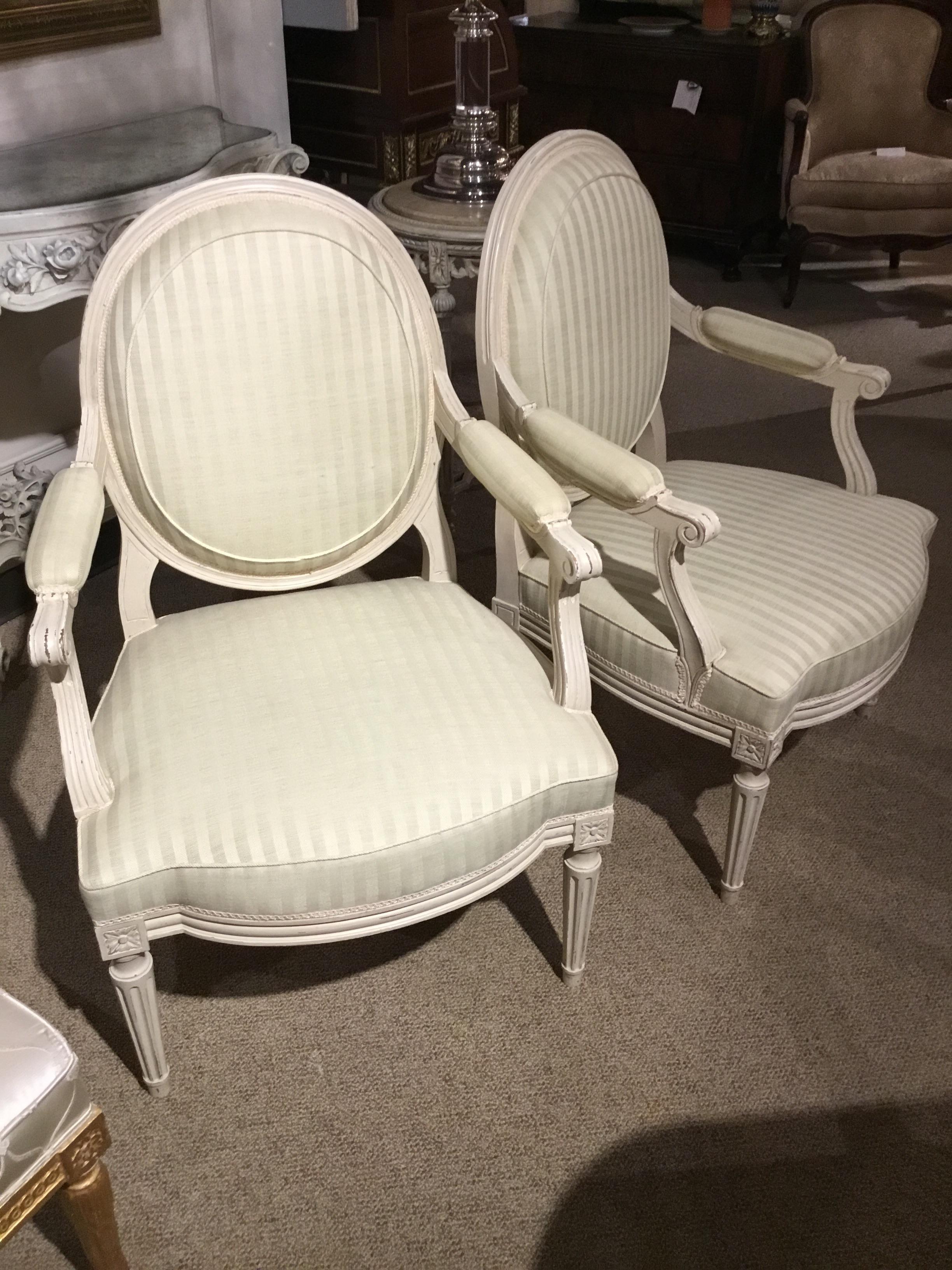 Hardwood Louis XVI Style Painted White Armchairs, Midcentury For Sale