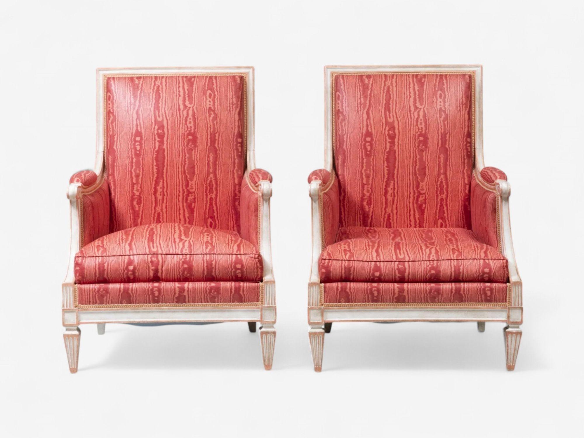 Louis XVI Style, Painted Wood, Pink Fabric, Bergere, Lounge or Arm Chairs, France, 20th c.

Traditional Bergere, Wingback or Armchairs with a cream painted finish and pink upholstered fabric. Luxurious and comfortable are these oversized lounge