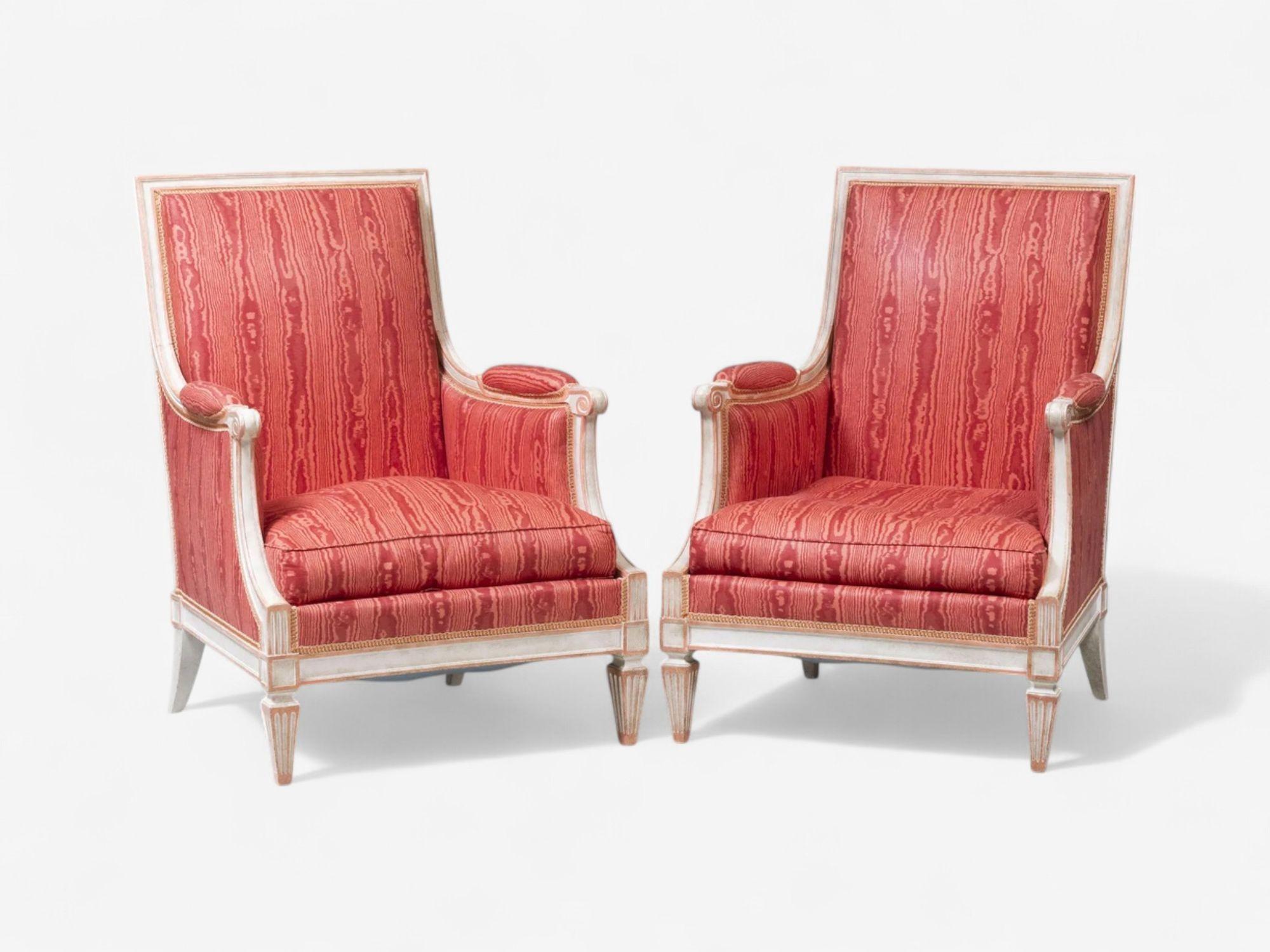French Louis XVI Style, Painted Wood, Pink Fabric, Bergere Chairs, France, 1960s For Sale