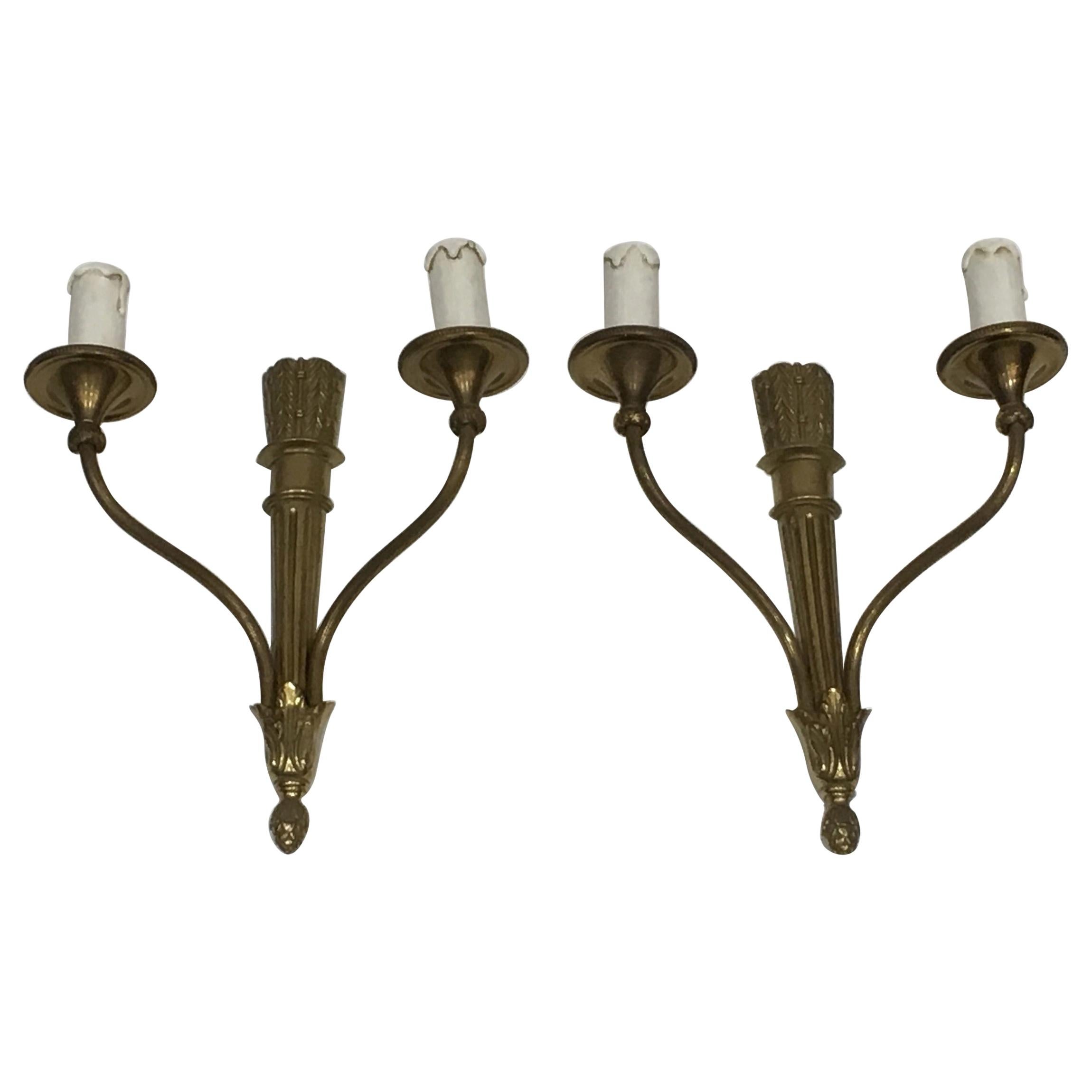 Louis XVI Style Pair of Bronze Wall Sconces with Quiver, French Work